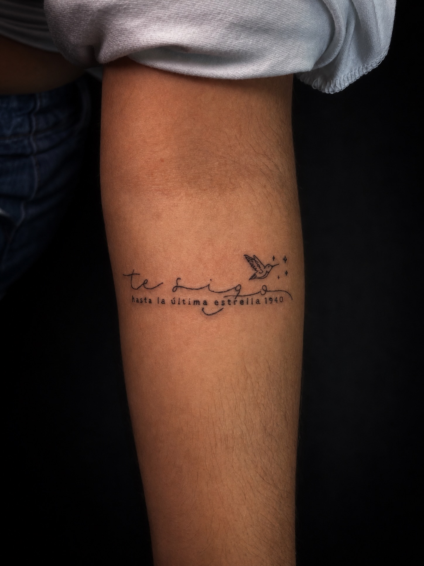 Bird and stars fine line tattoo on the forearm by 𝚃𝙰𝚃𝚃𝙾𝙾 𝙰𝚁𝚃𝙸𝚂𝚃, Charlotte, North Carolina