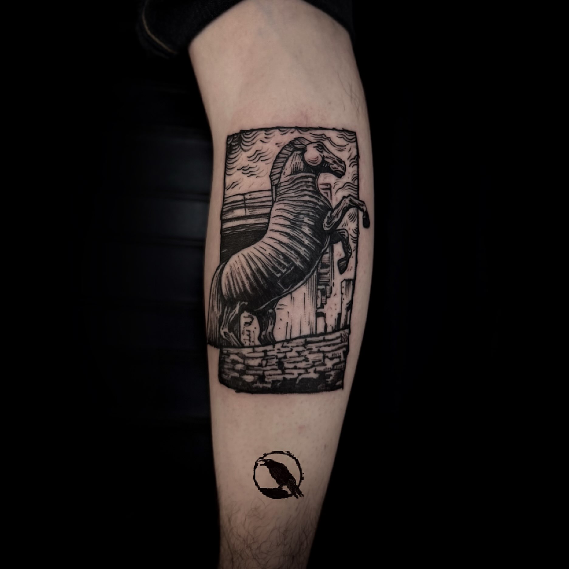 Horse and rider black and grey tattoo on the forearm by 𝕽𝖎𝖌𝖊𝖗𝖘 𝕳𝖆𝖒𝖟𝖆, San Francisco, California