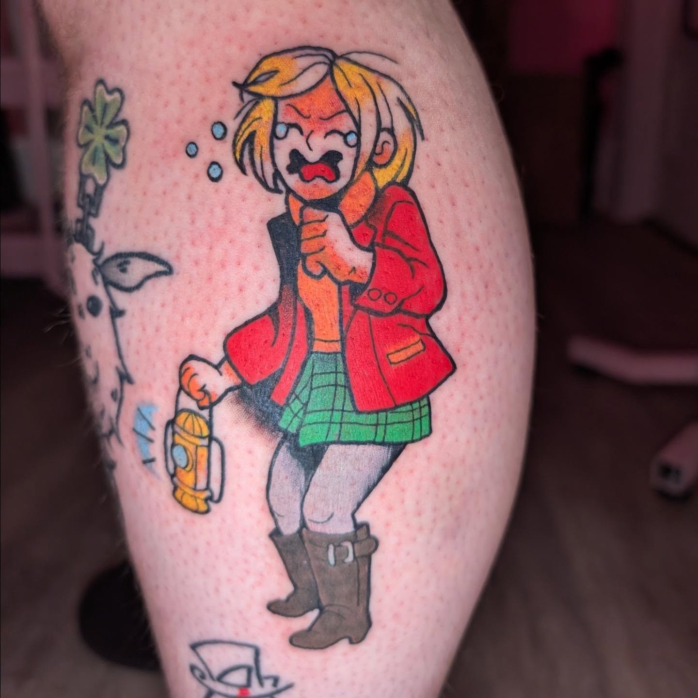 Girl with lantern dotwork tattoo on the thigh by norn noszka