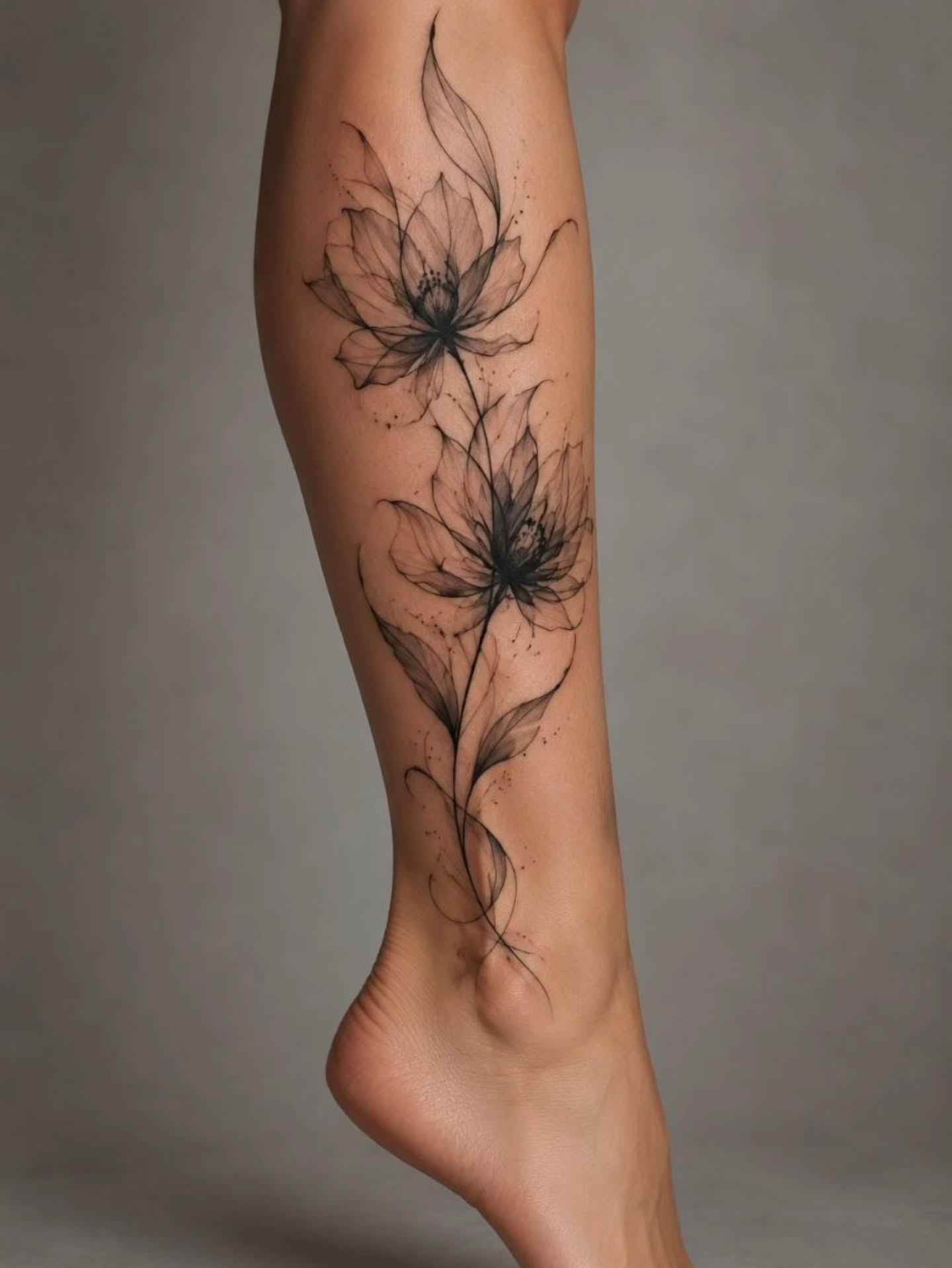 Lotus flowers dotwork tattoo on the calf by Dr. Valerio Vegas Tattoo