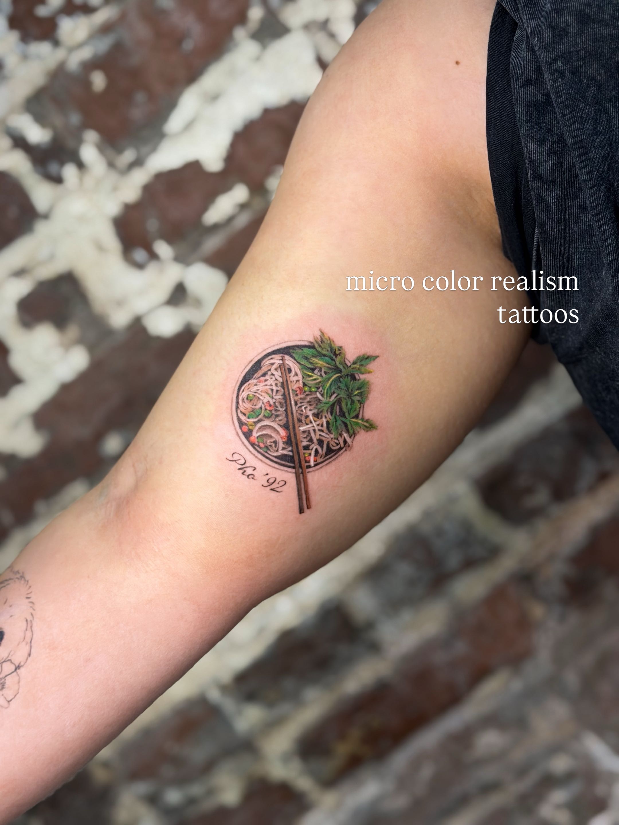 Ramen bowl realism tattoo on the forearm by justin