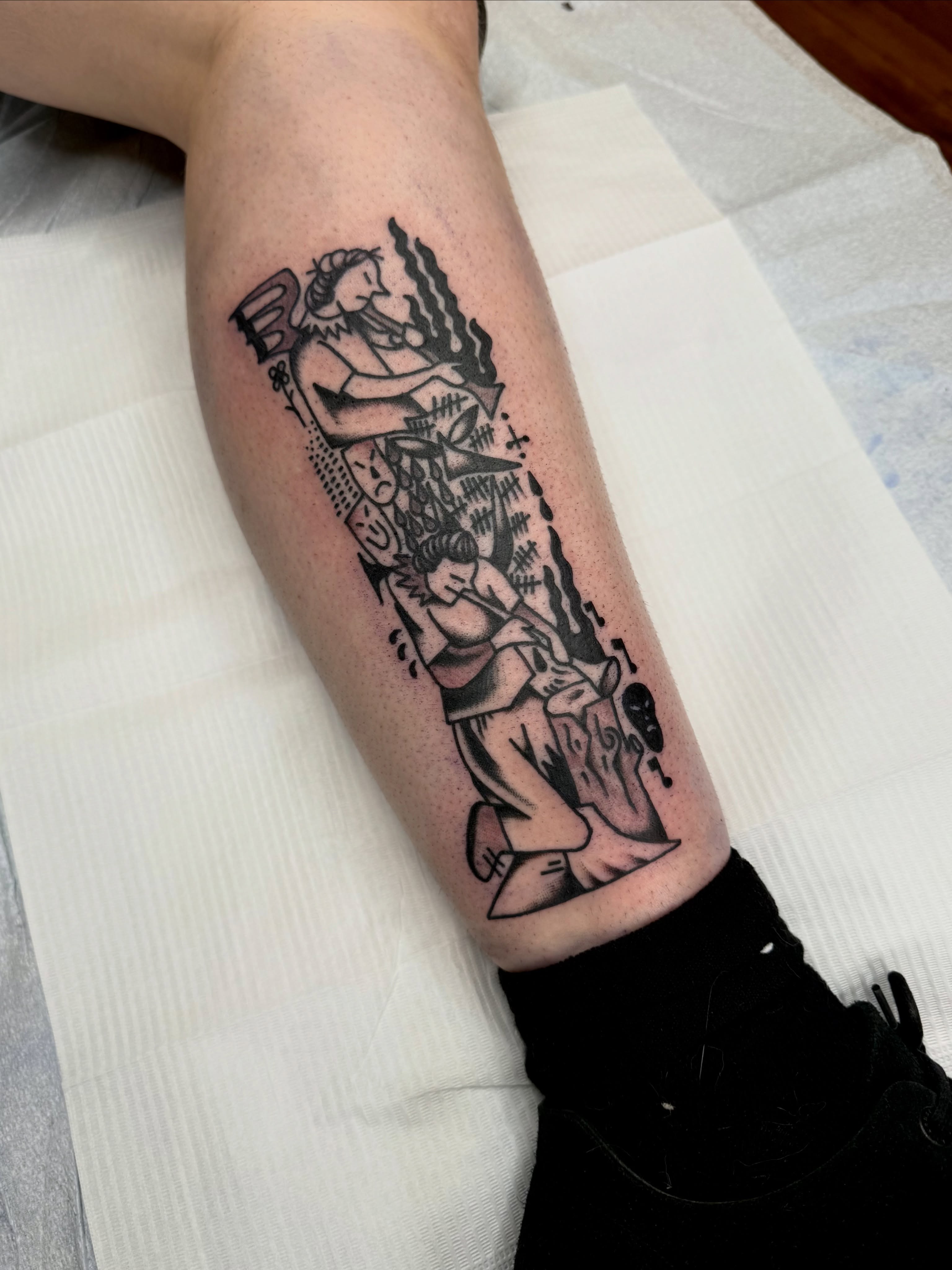Warrior and dragon American traditional tattoo on the forearm by Roman