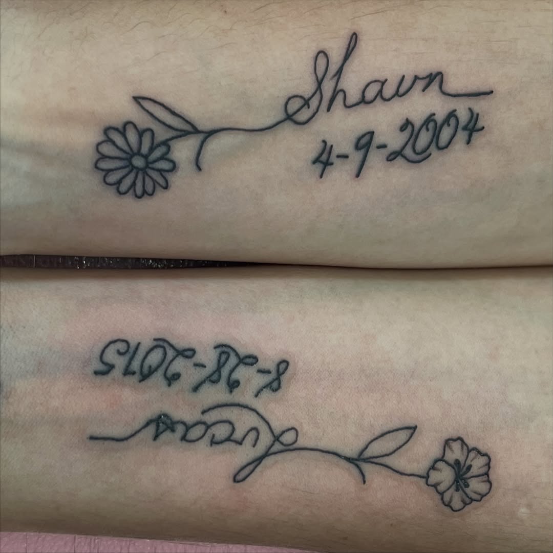 Flower and name fine line tattoo on the forearm by Tomfoolery