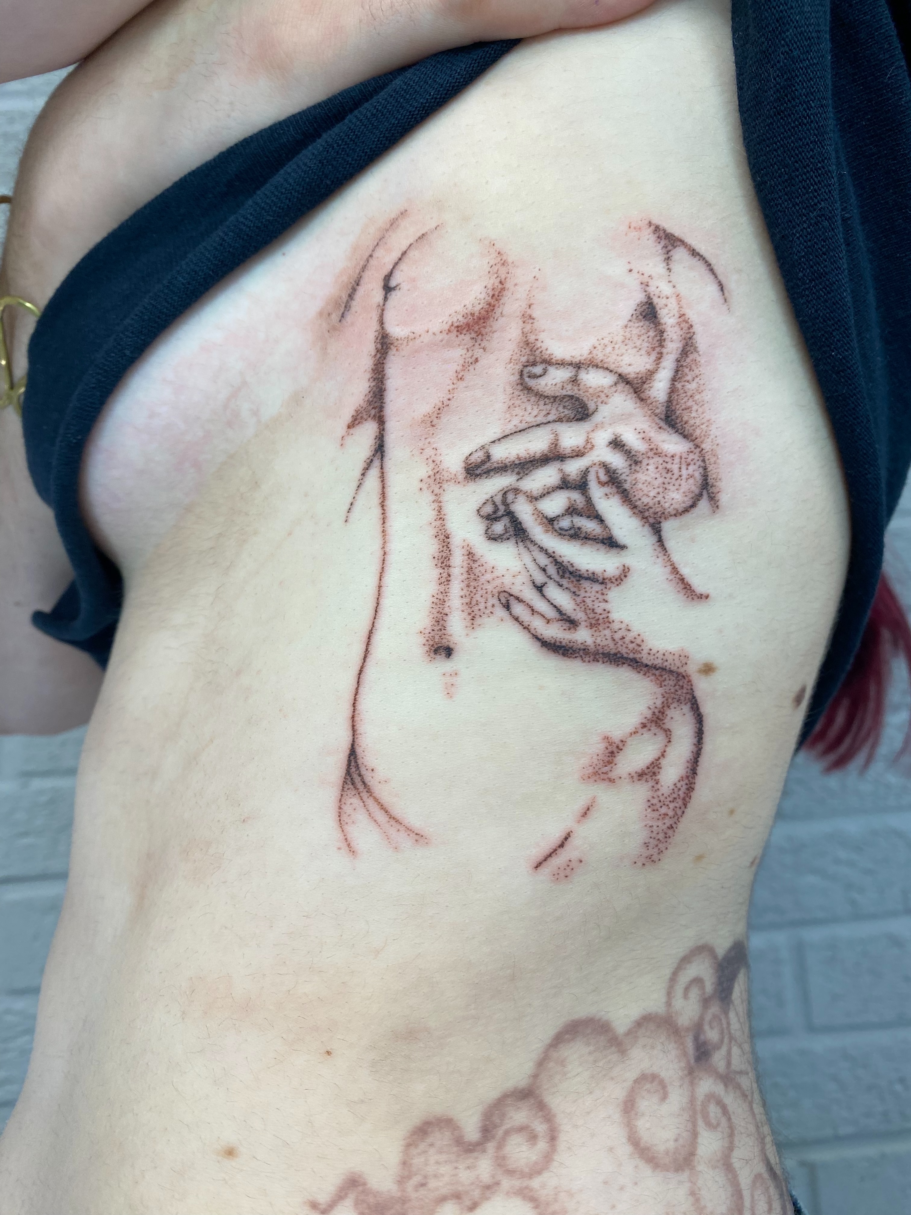 Hands and deer dotwork tattoo on the thigh by Ellena Reggiani