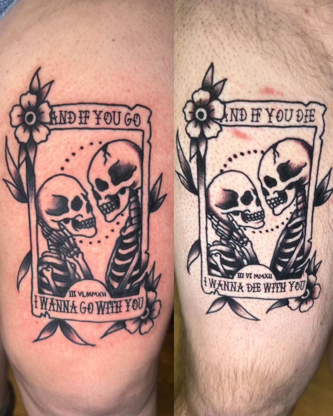 Skulls and flowers black and grey tattoo on the thigh by π Erin Stephens π€