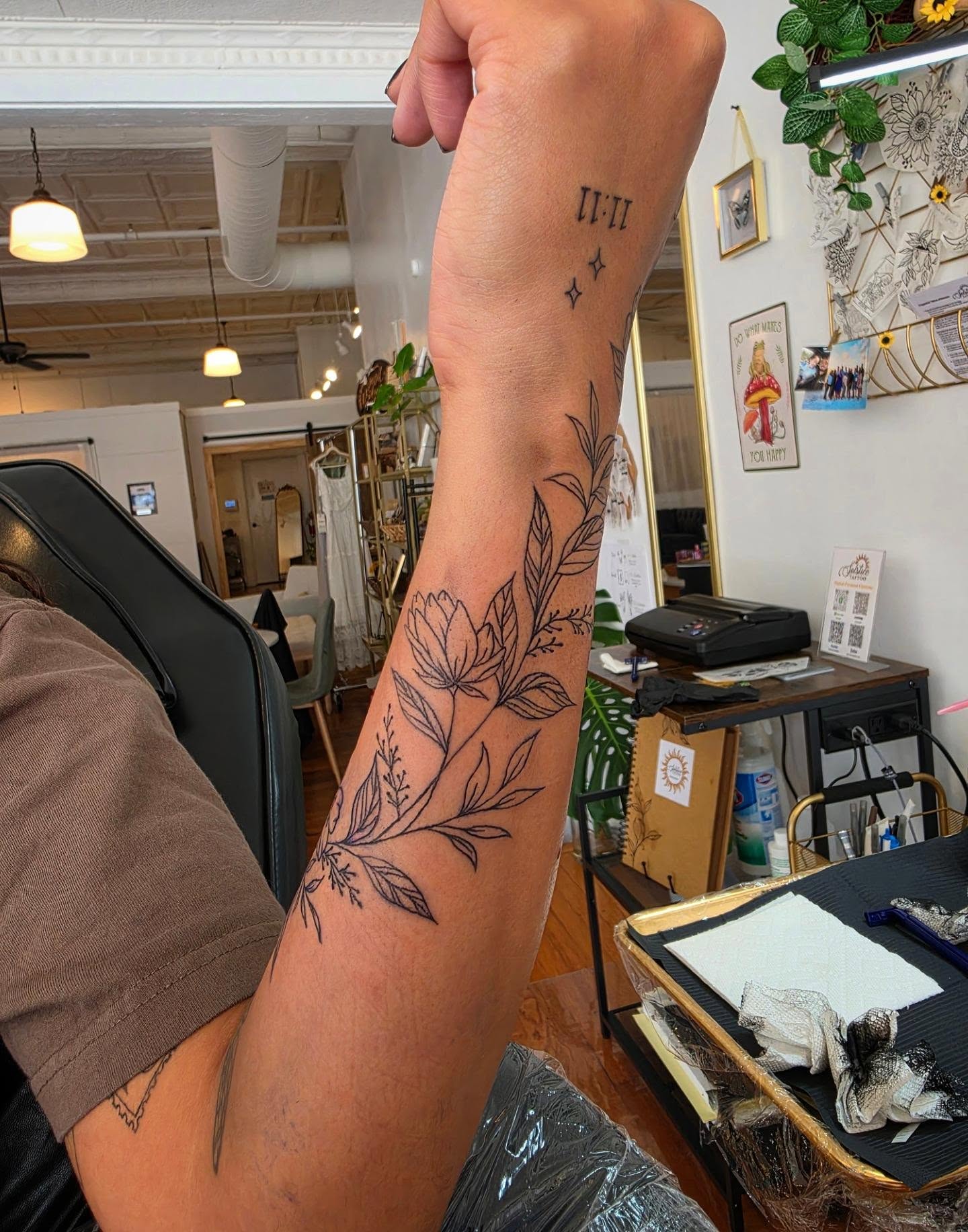 Floral design black and grey tattoo on the forearm by Solstice Tattoos by Savannah Sadler (future, Salisbury, North Carolina