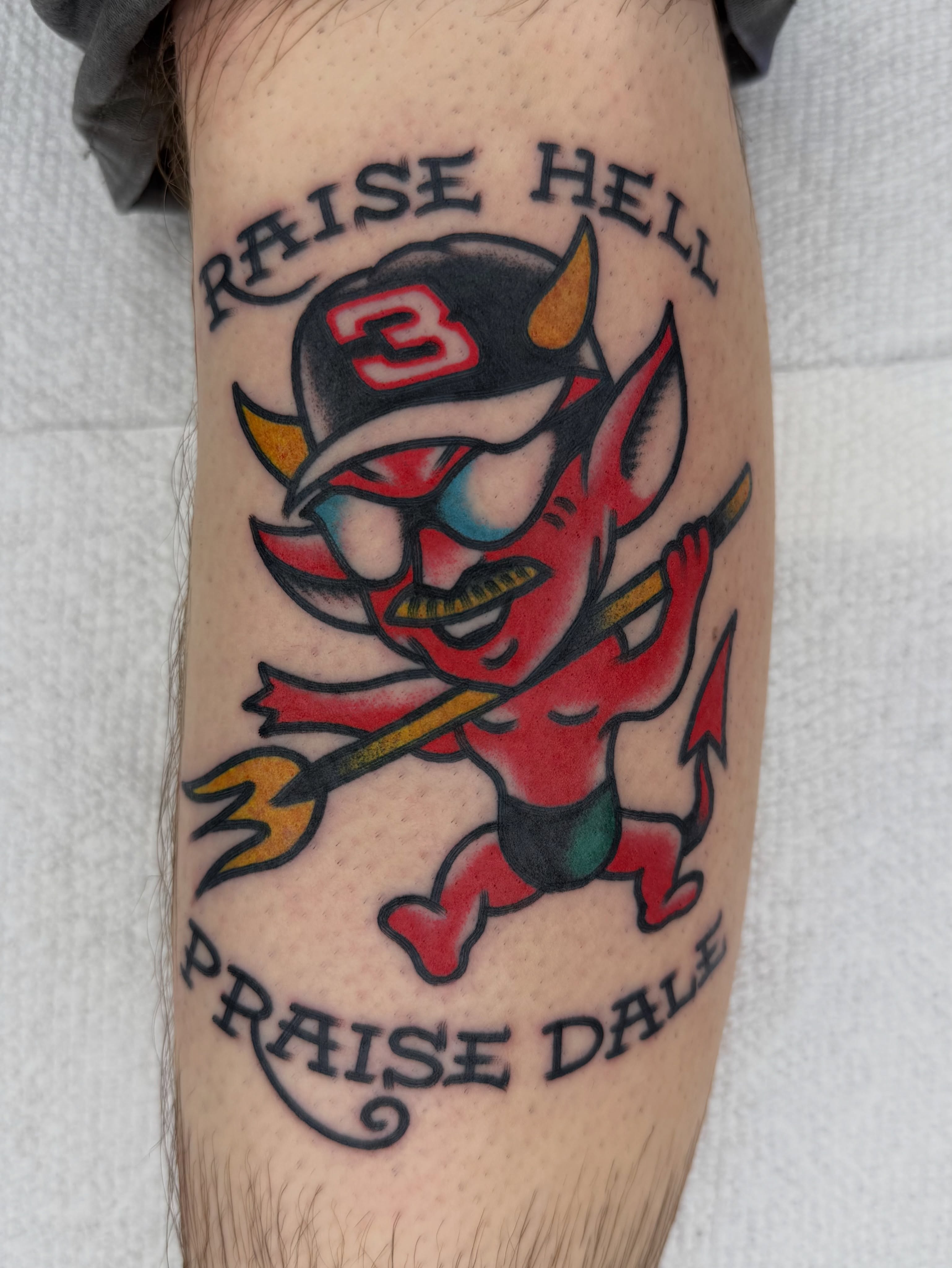 Devil character American traditional tattoo on the forearm by لا Kenny McCabe لا
