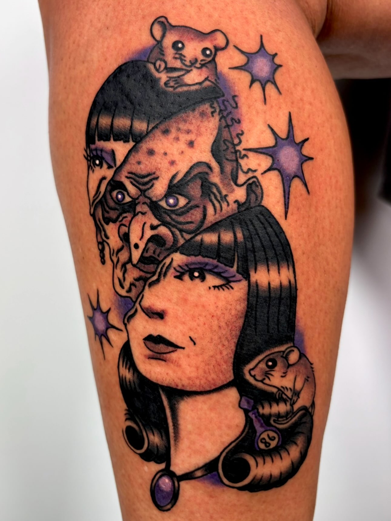 Woman with rat American traditional tattoo on the thigh by Lorelei