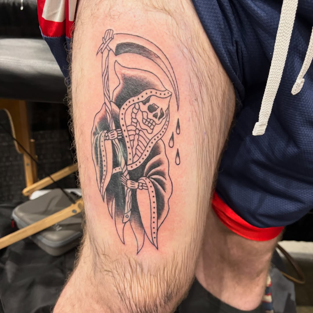 Grim reaper black and grey tattoo on the forearm by Natalie Opal🪻🍎🫖
