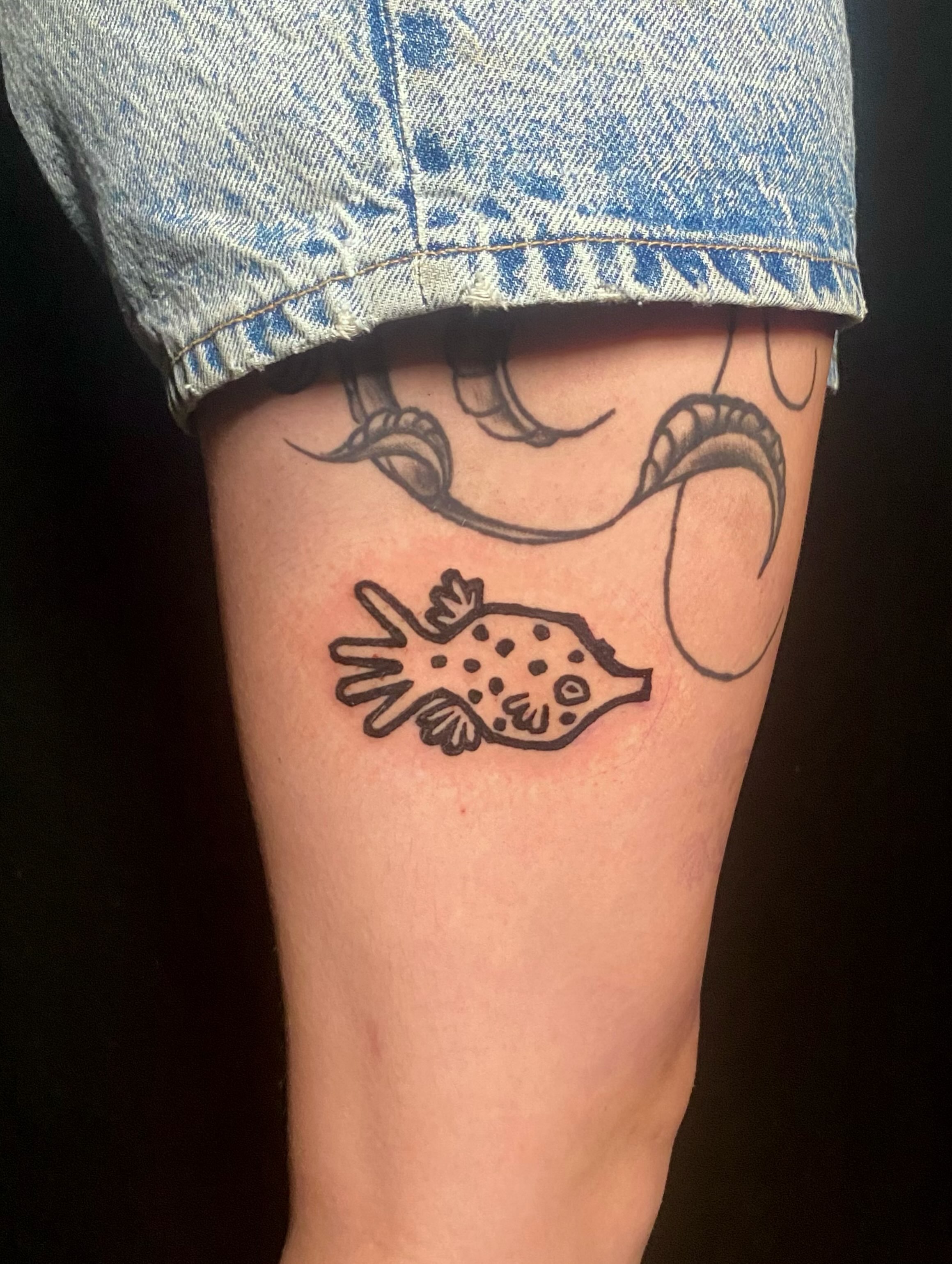 Fish dotwork tattoo on the thigh by ollie, Portland, Oregon