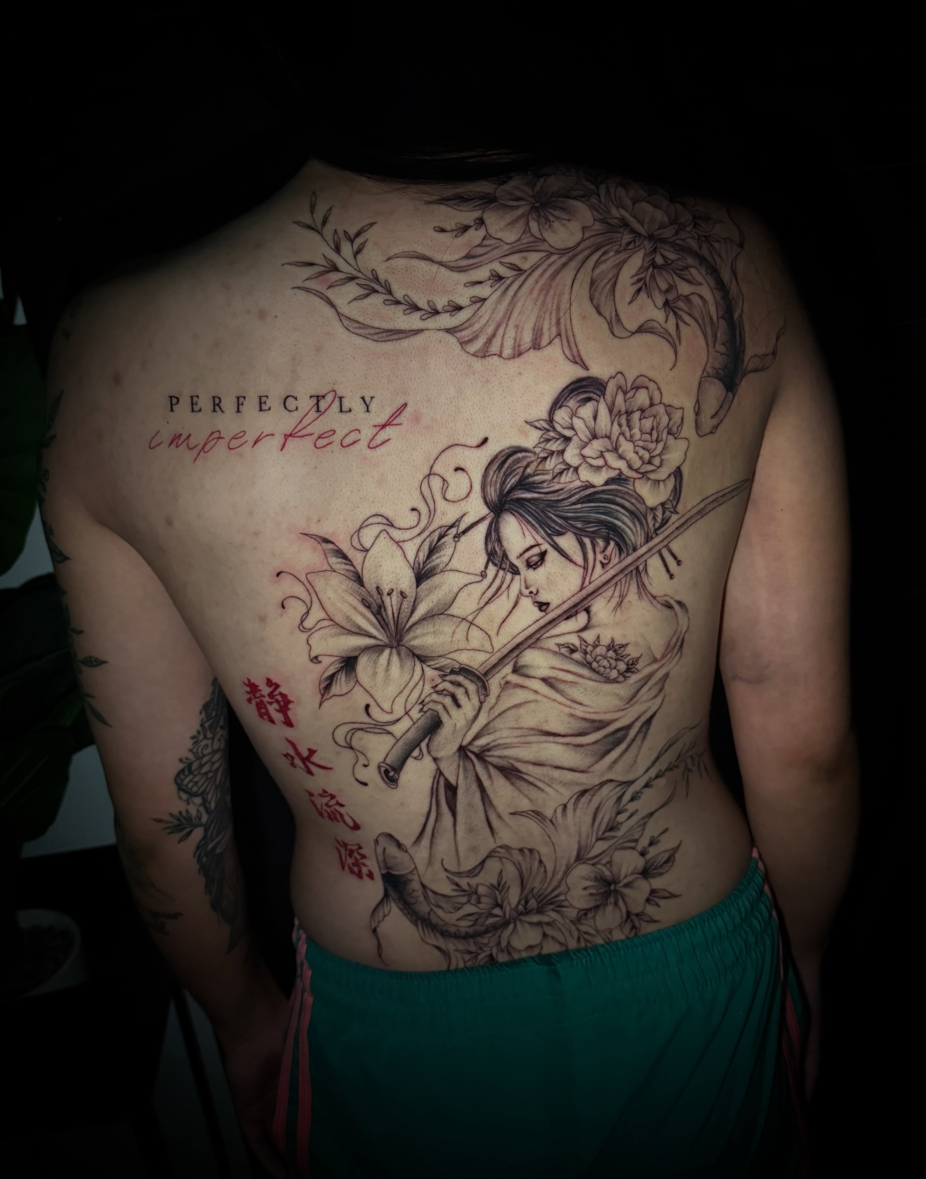 Geisha with sword japanese irezumi tattoo on the back by Sad Girl Tattoos