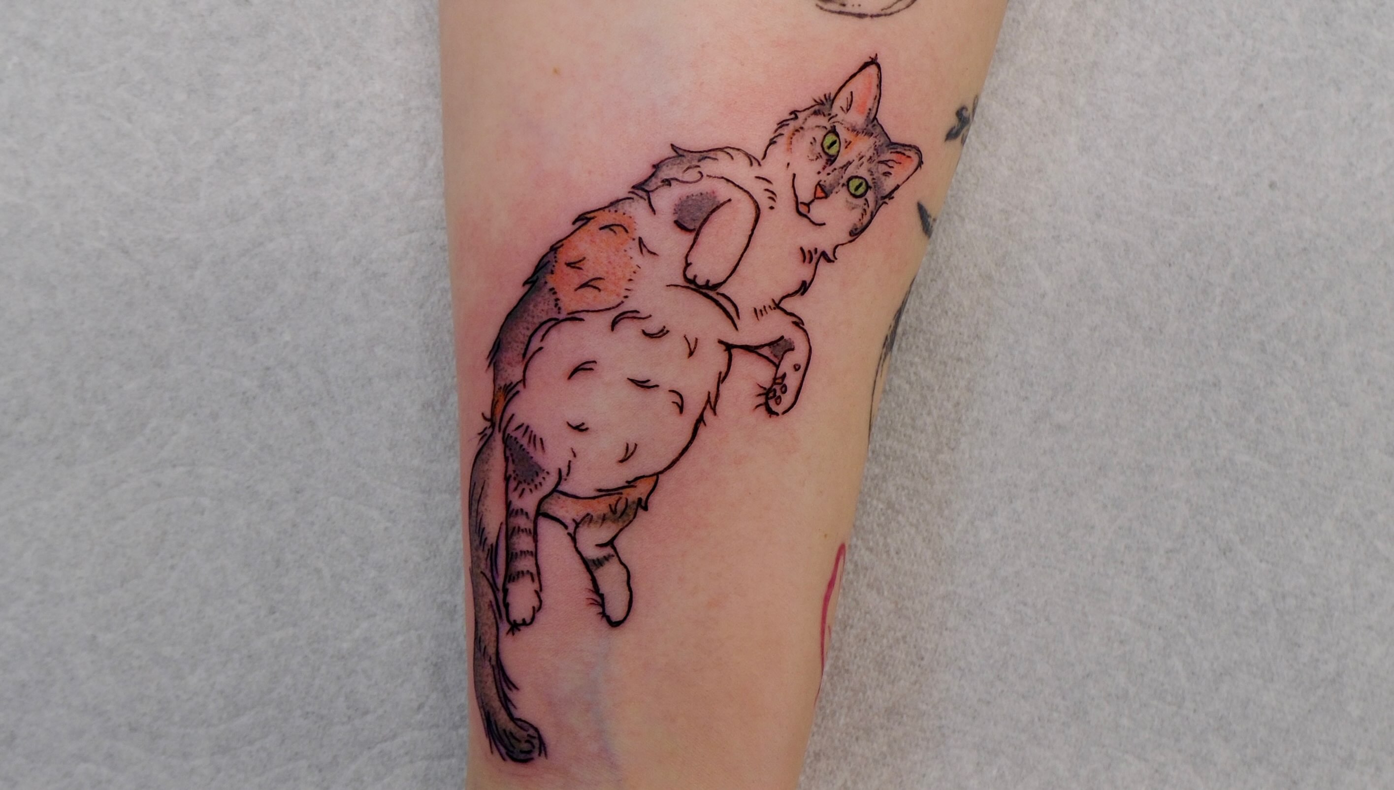 Two cats watercolor tattoo on the forearm by Peggy