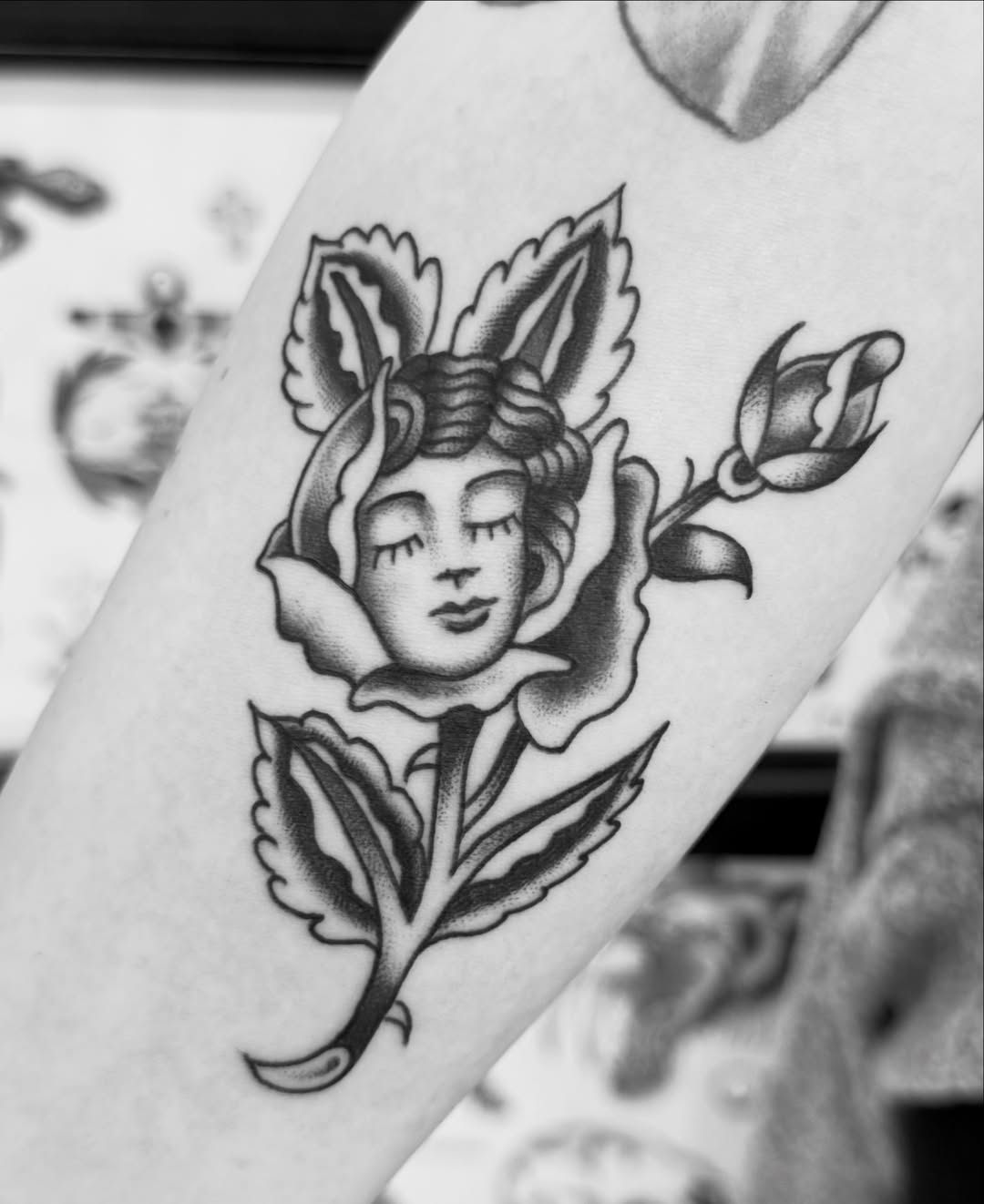 Rose with woman's face American traditional tattoo on the forearm by JARED Boston Tattooer: Traditional, Fine, Boston, Massachusetts