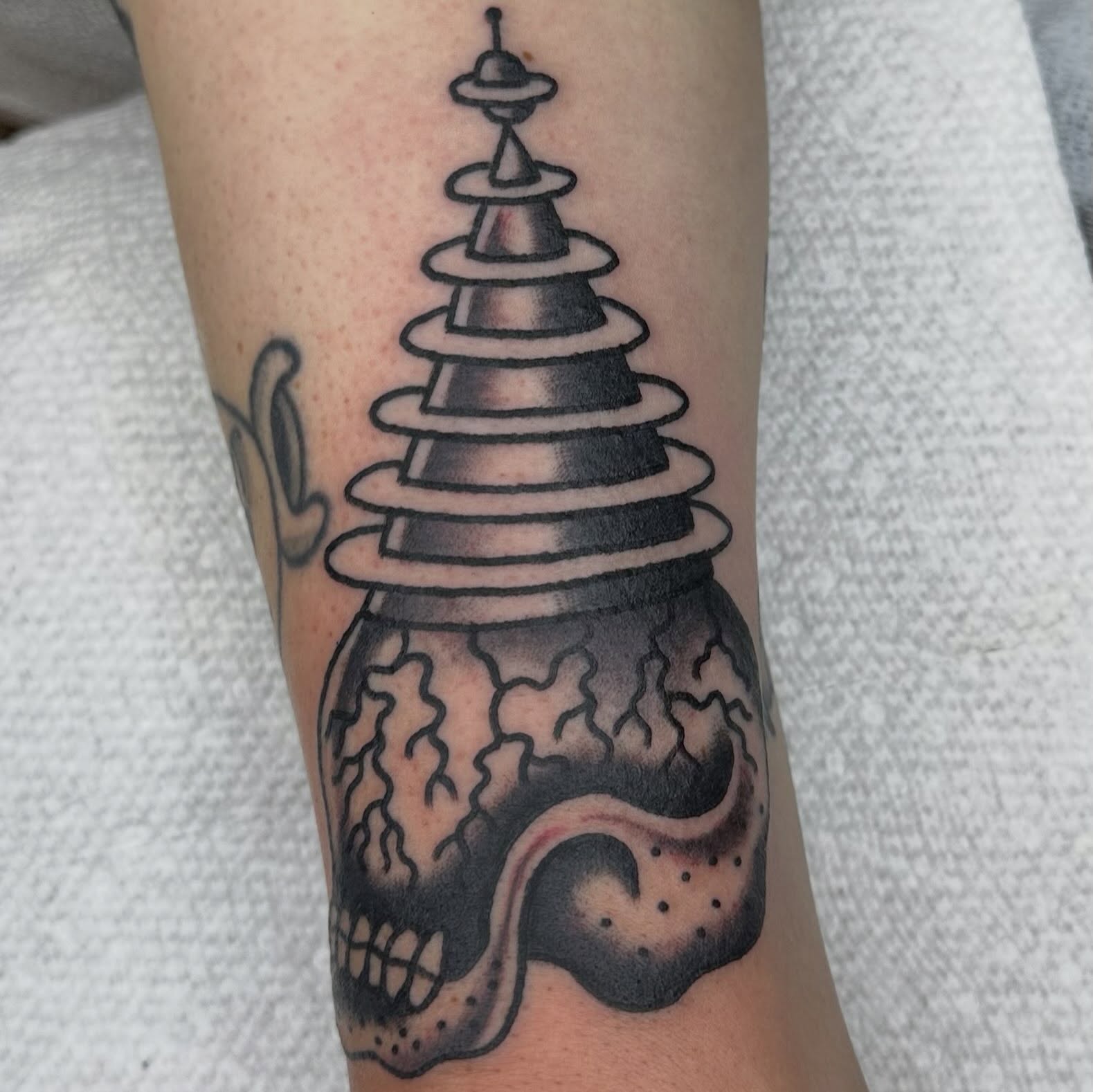 Pyramid black and grey tattoo on the forearm by Keon Ostby, Tempe, Arizona