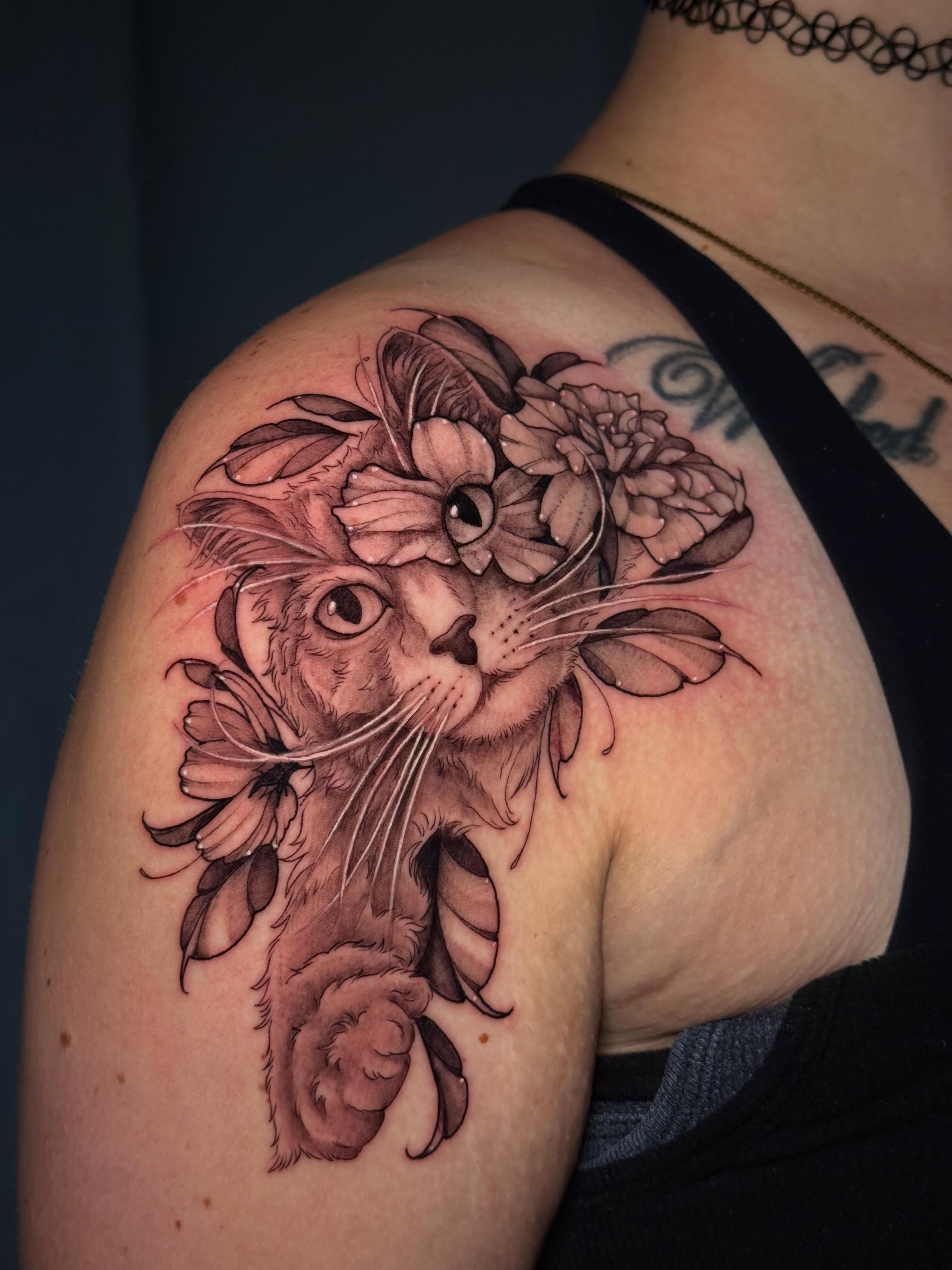 Cat with flowers realism tattoo on the shoulder by Andreanna Rosemarie Gabranidis, Pennsauken, New Jersey