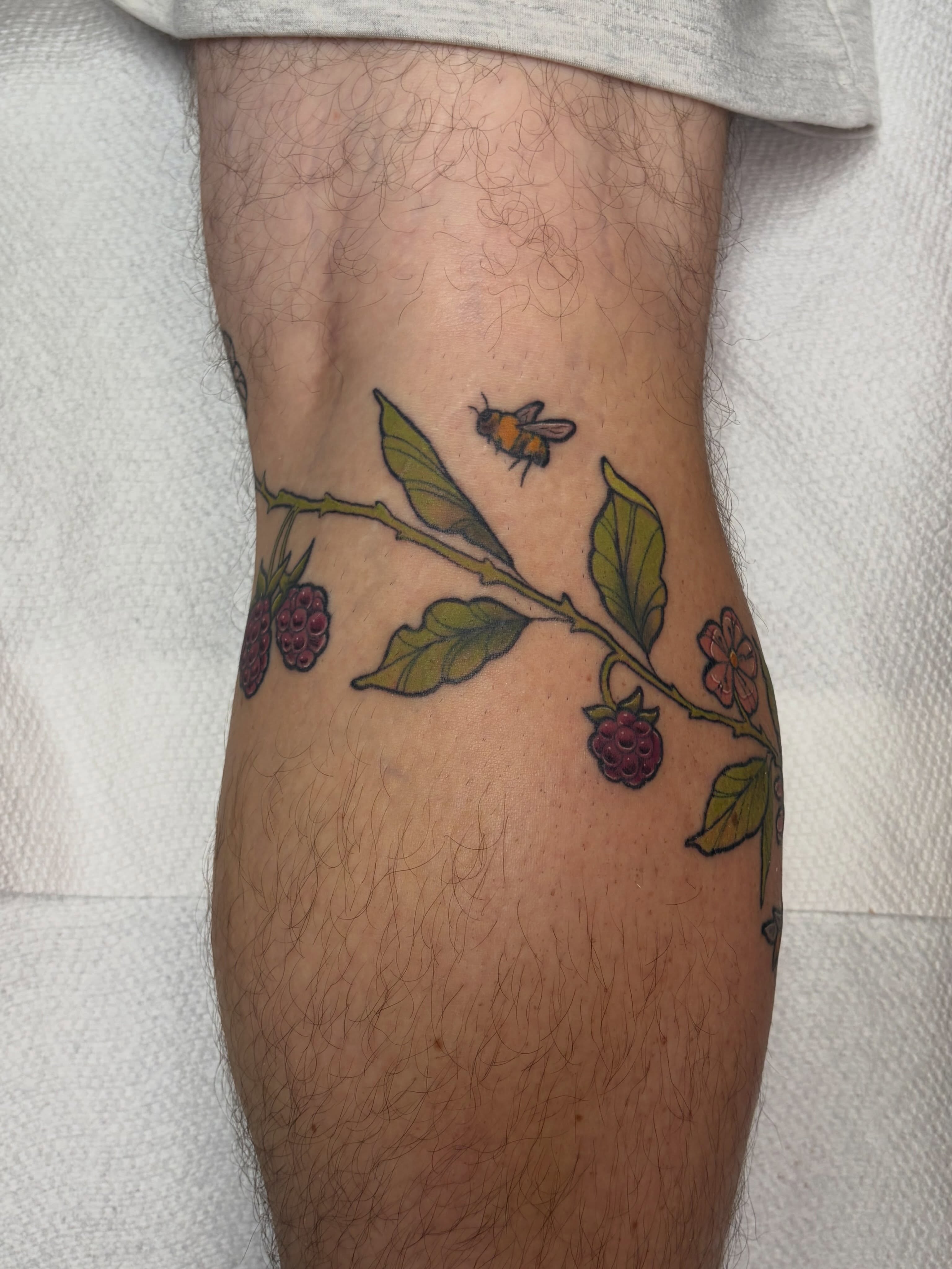 Berry bush with bee realism tattoo on the forearm by ✦ 𝐊𝐚𝐢𝐭 ✦