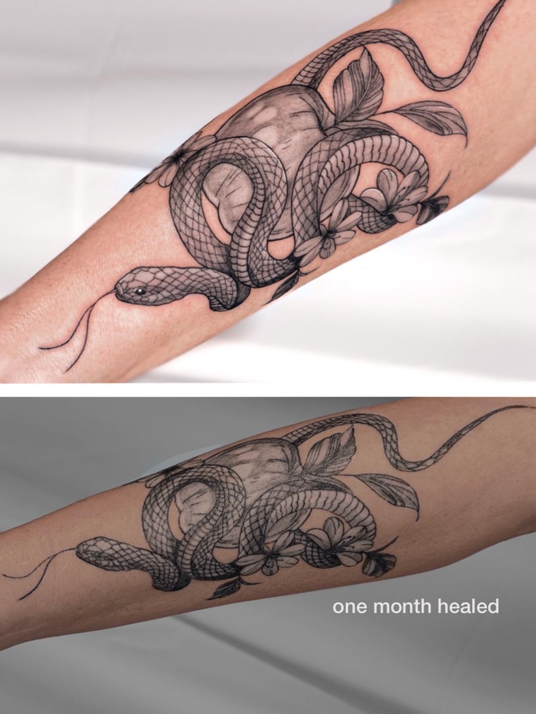 Snake and flowers black and grey tattoo on the forearm by Charlotte