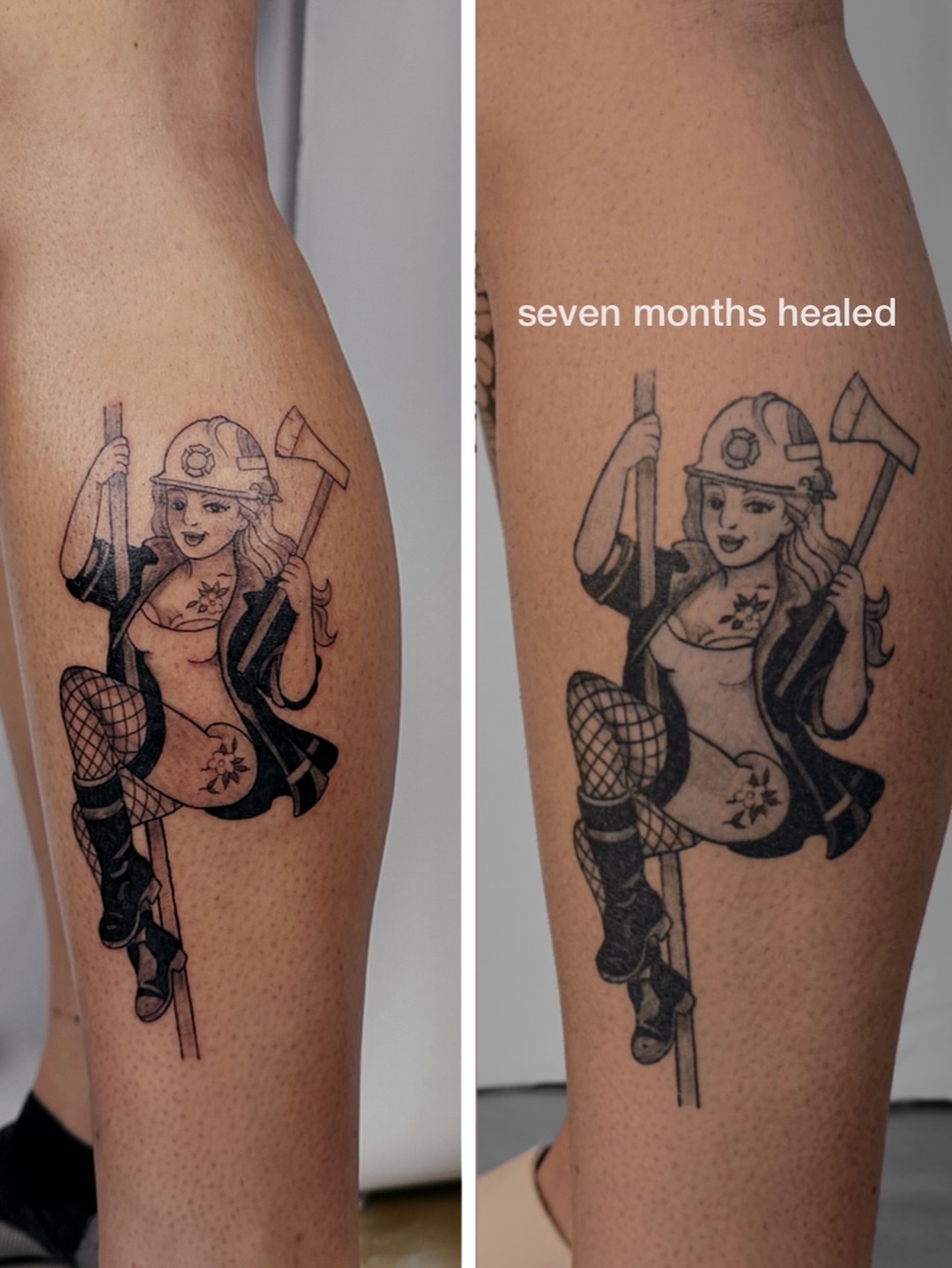 Firefighter pin-up girl black and grey tattoo on the thigh by Charlotte