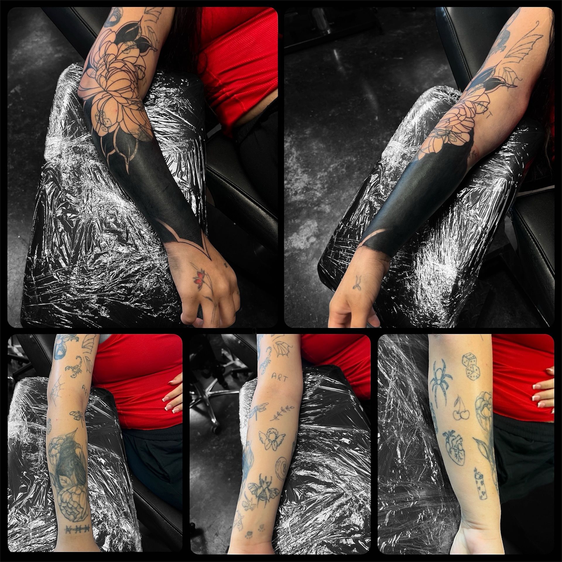 Floral sleeve black and grey tattoo on the upper arm by Brittany Ann Goff