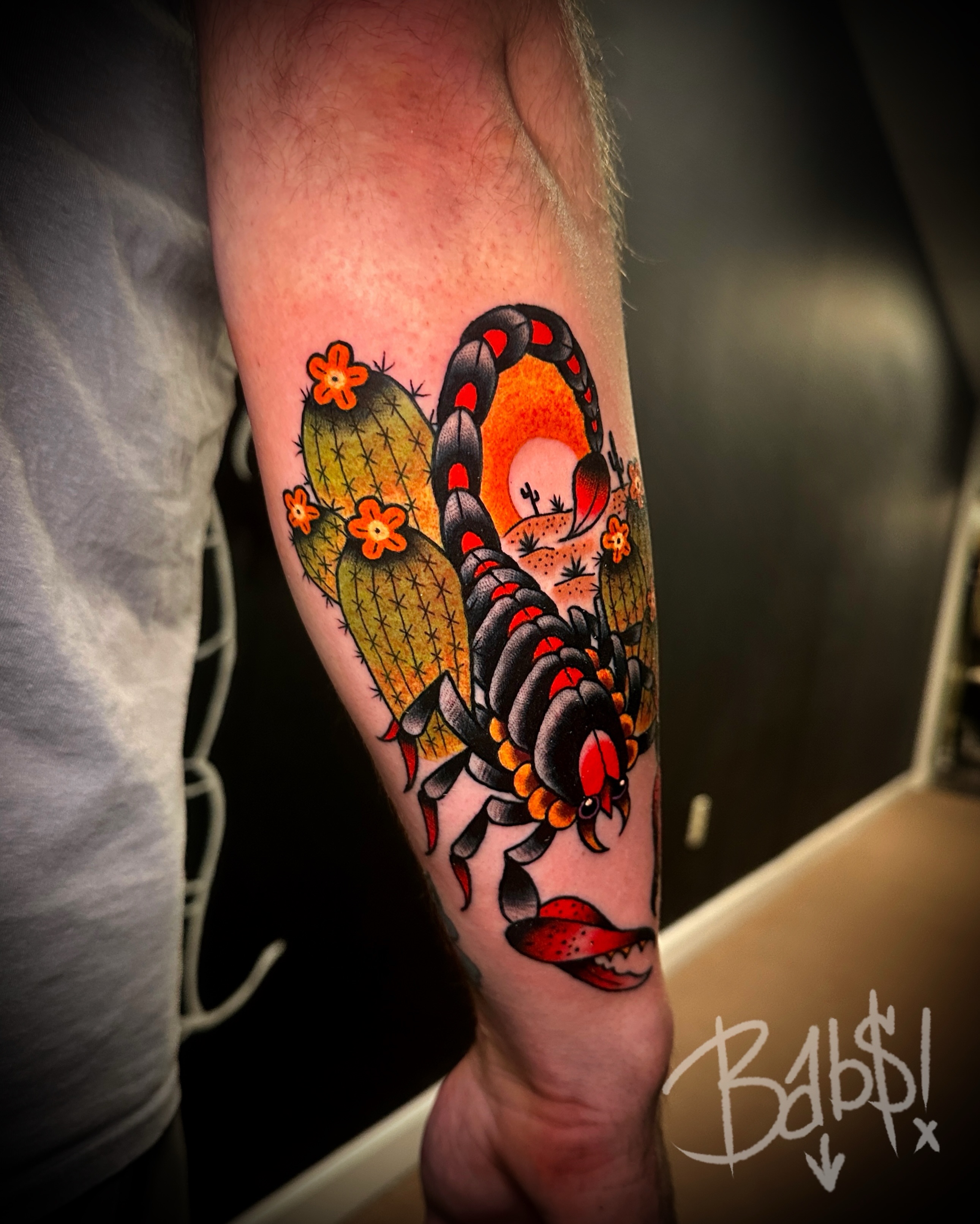 Scorpion and cactus American traditional tattoo on the forearm by Justin B