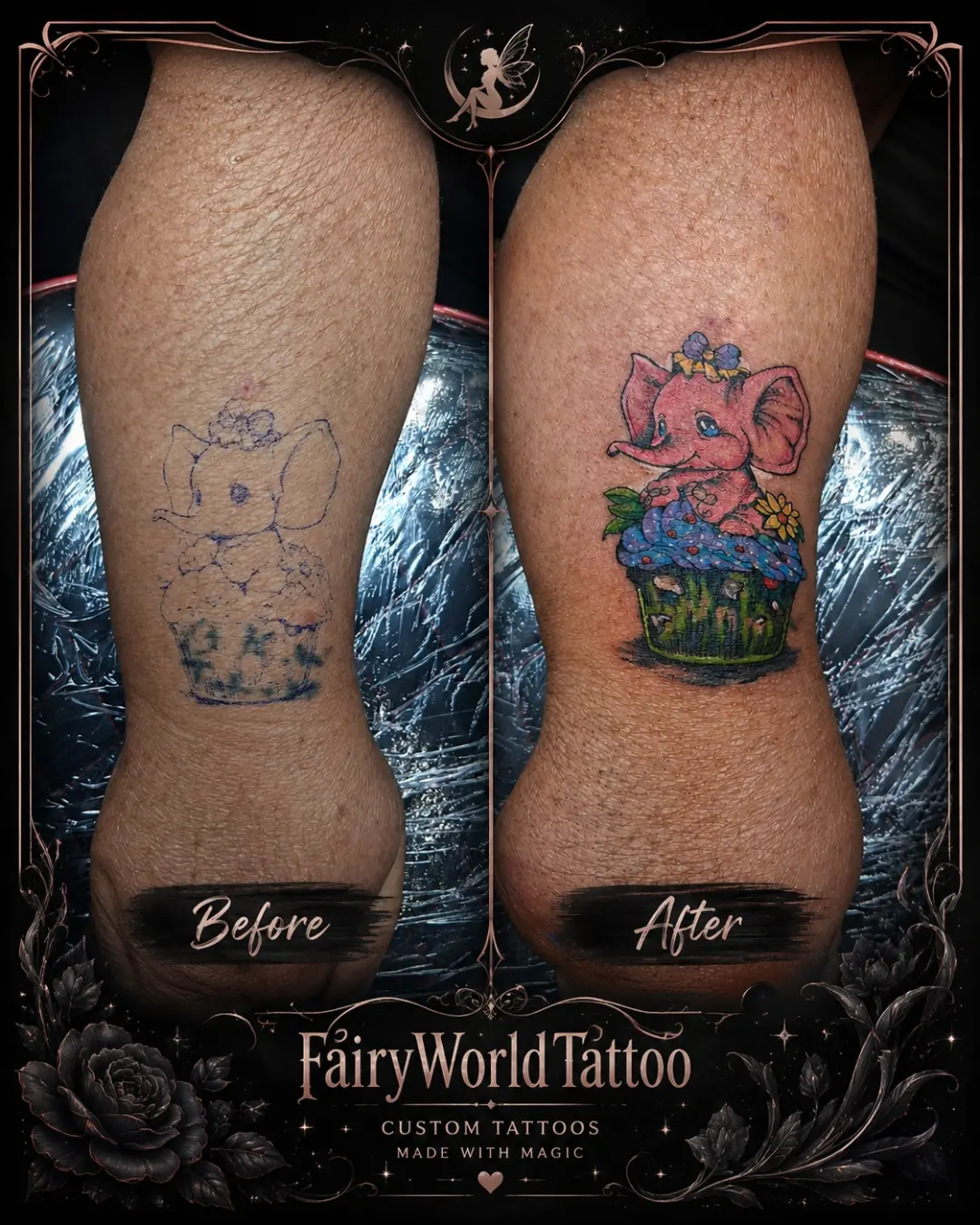 Elephant cupcake new school tattoo on the calf by Tanya Tattoota