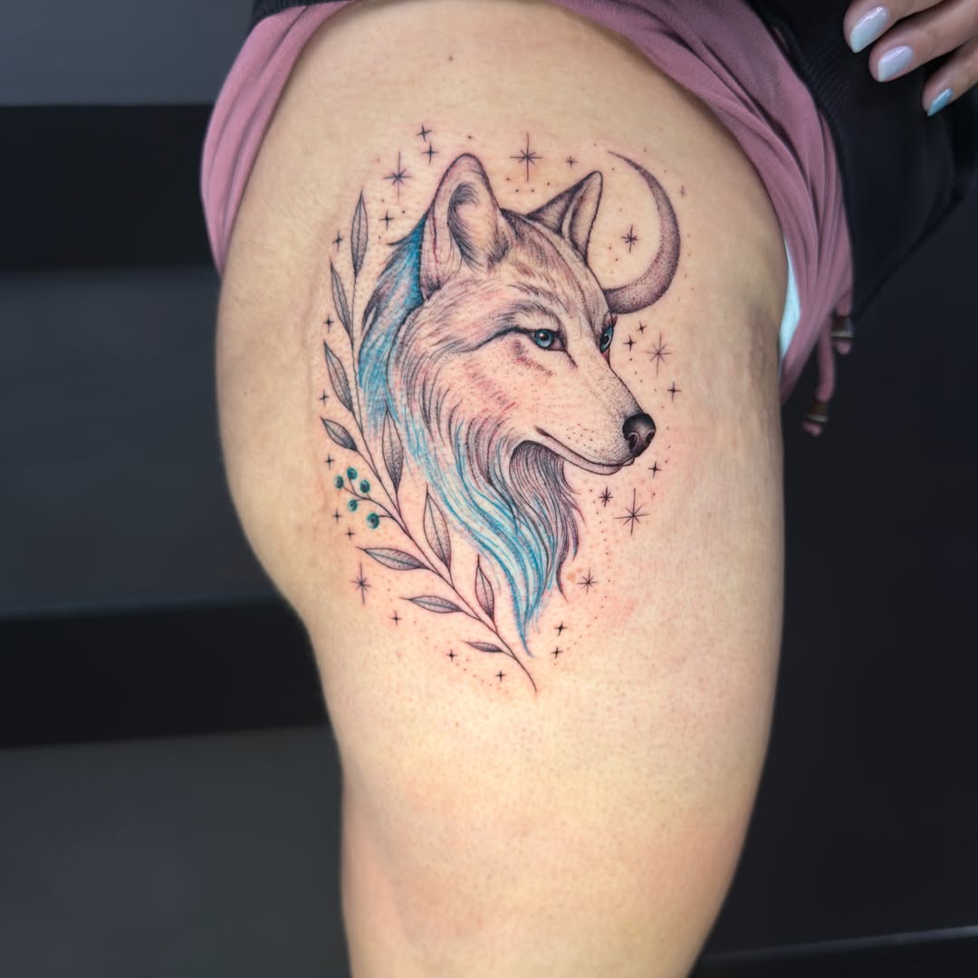 Wolf dotwork tattoo on the thigh by ๐๐ช๐ฝ๐ฑ๐ ๐๐ฒ๐ป๐ต ๐ฃ๐ช๐ฝ๐ฝ๐ธ๐ธ