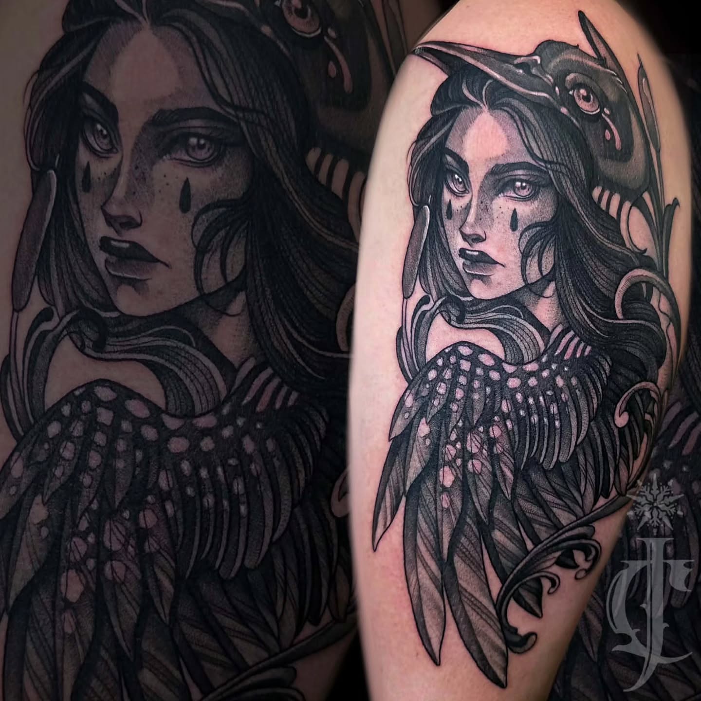 Woman with wings realism tattoo on the upper arm by Jessica Canvas