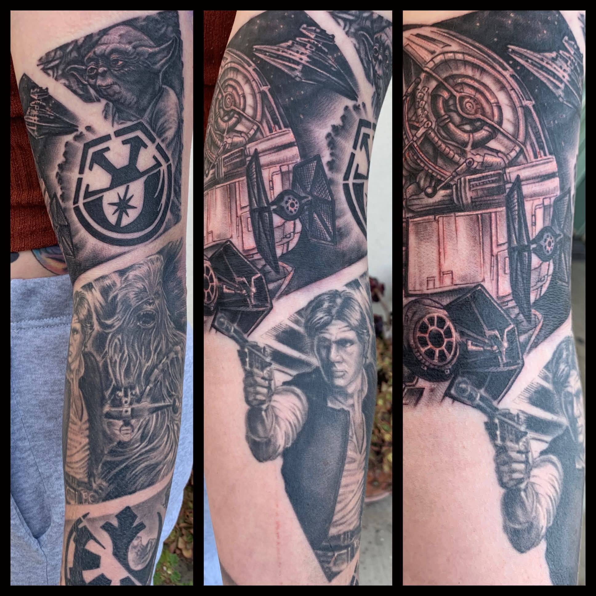 Star wars characters realism tattoo on the forearm by Skott Kautman, Dubuque, Iowa