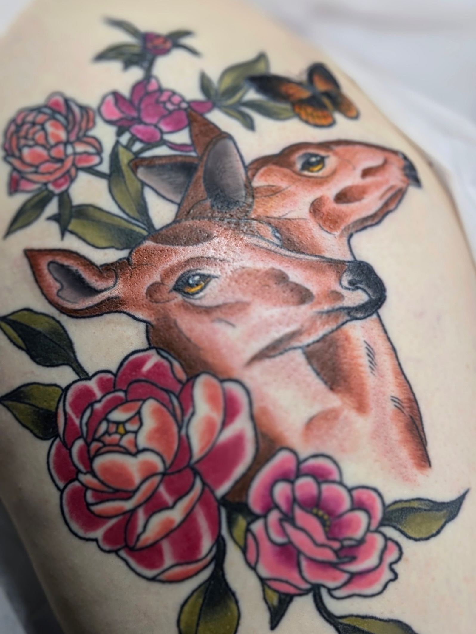 Deer and roses American traditional tattoo on the shoulder by Kyndall Lynn, Waxahachie, Texas