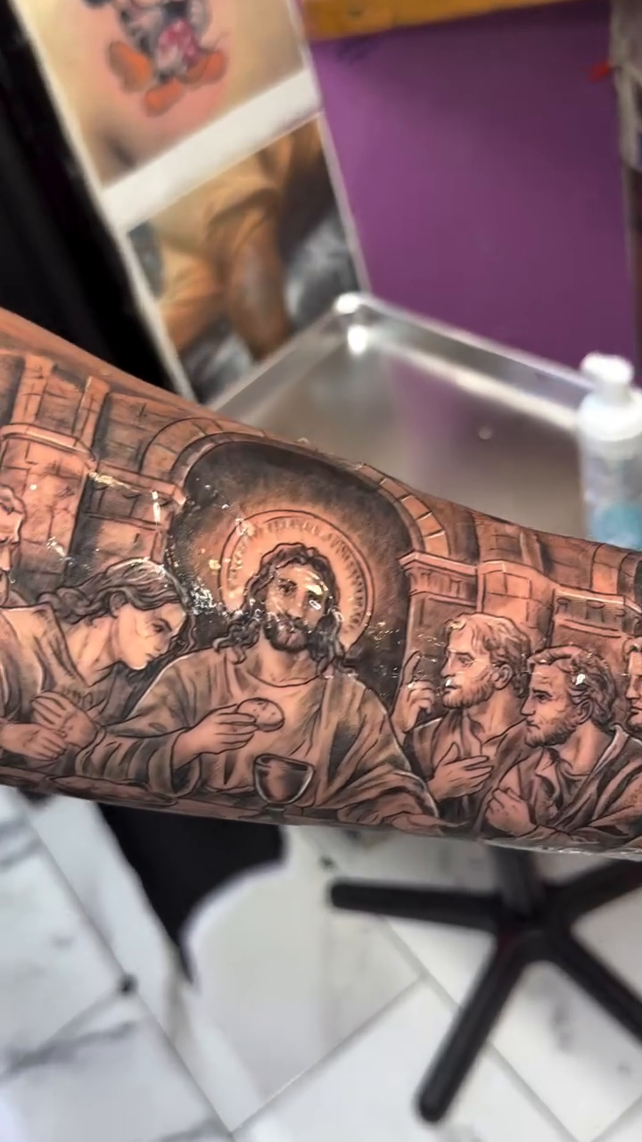 Jesus and disciples realism tattoo on the forearm by Jose Onasis Disla, New York, New York