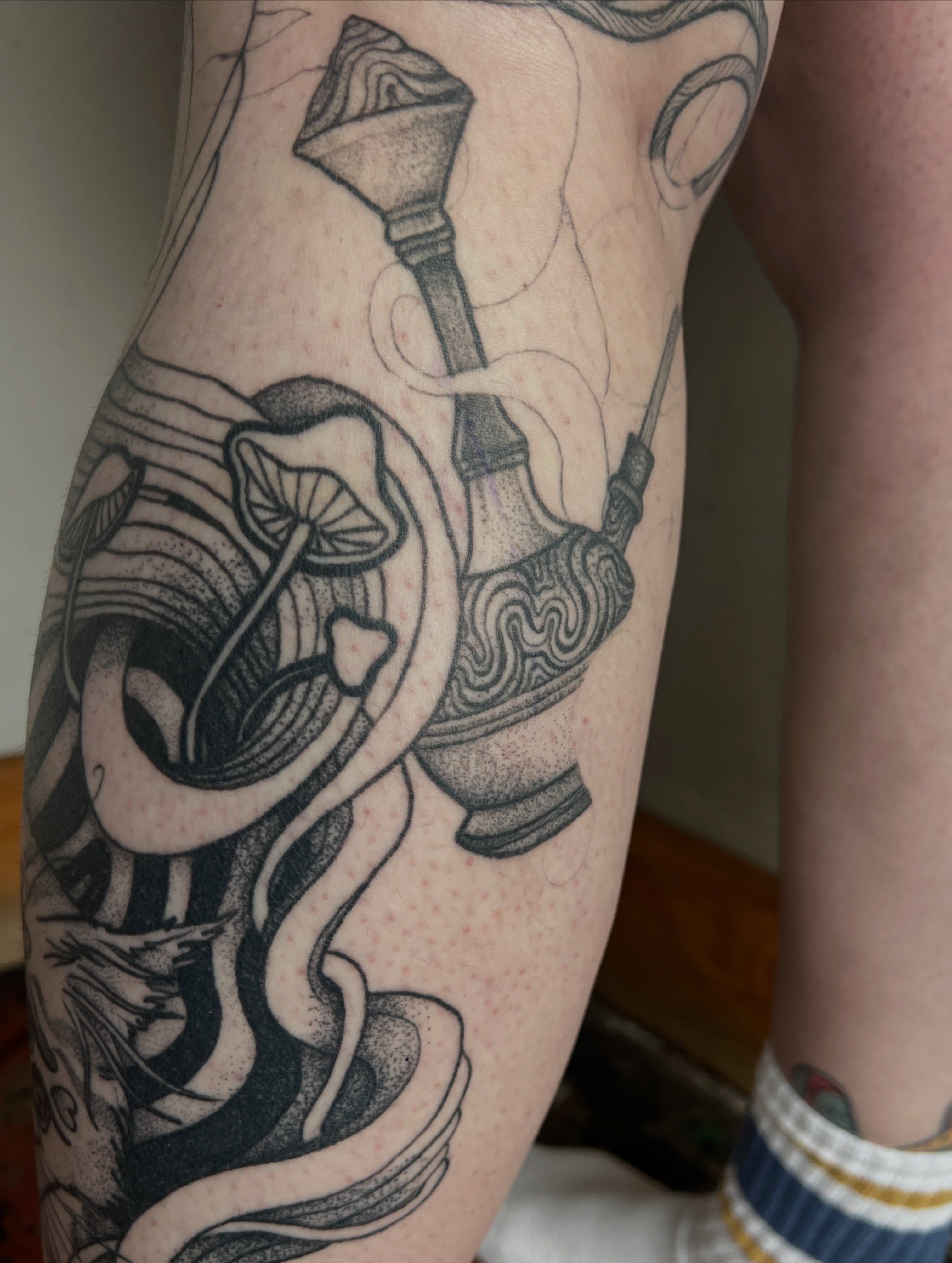 Mushroom and pipe dotwork tattoo on the thigh by ✨ Pata Pardee ✨ illustration tattoo