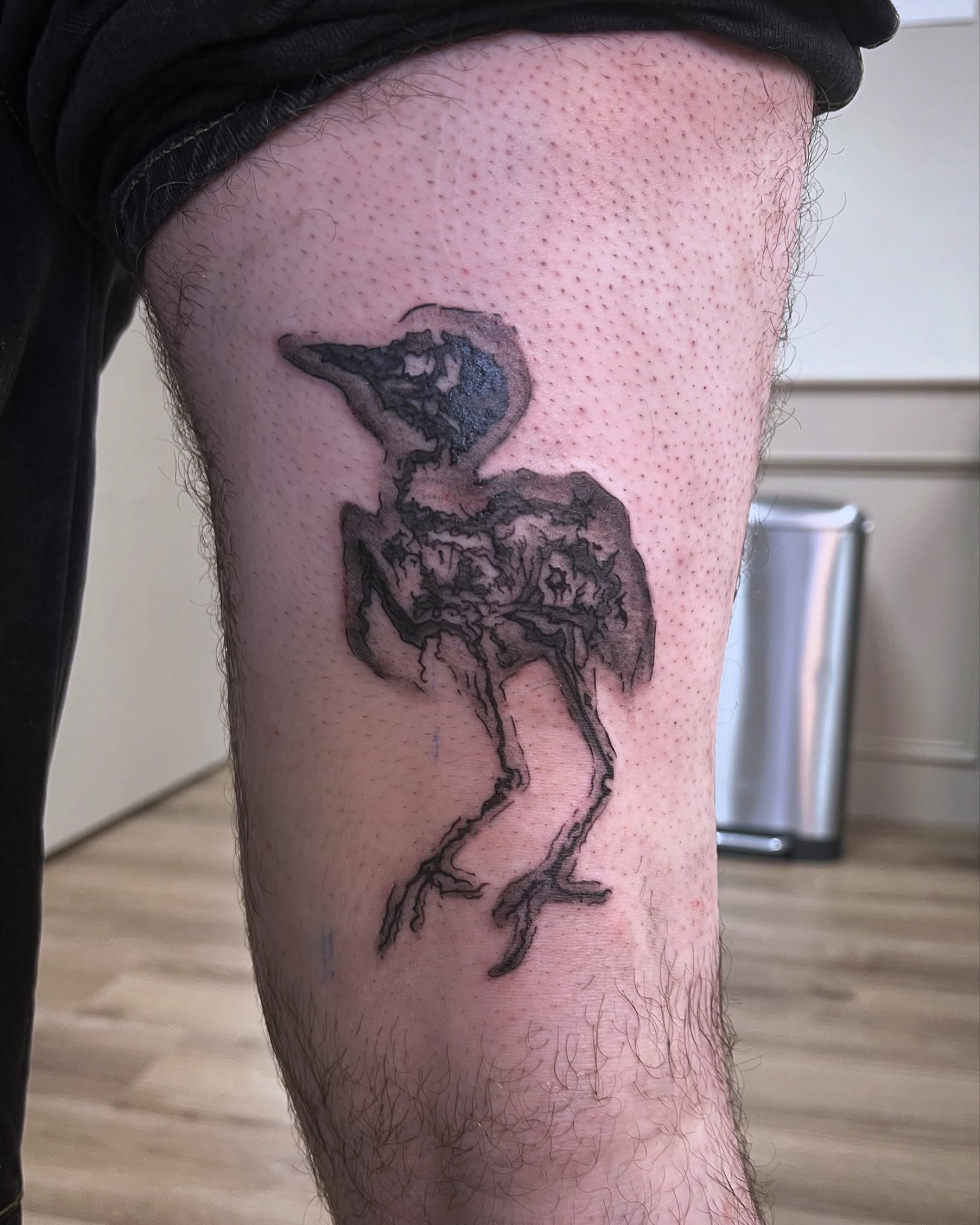 Bird black and grey tattoo on the thigh by Nikki Ward
