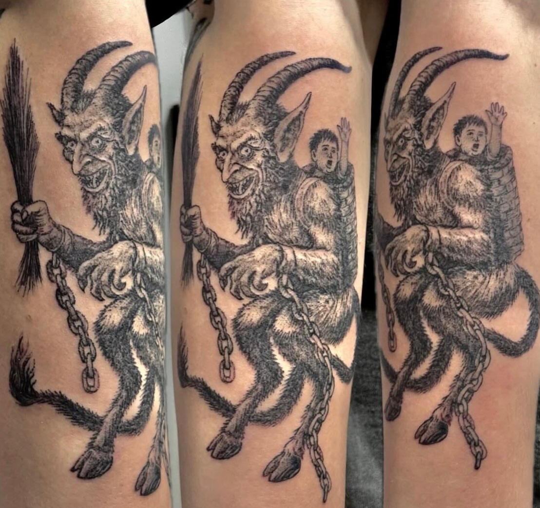 Krampus realism tattoo on the forearm by William Worley