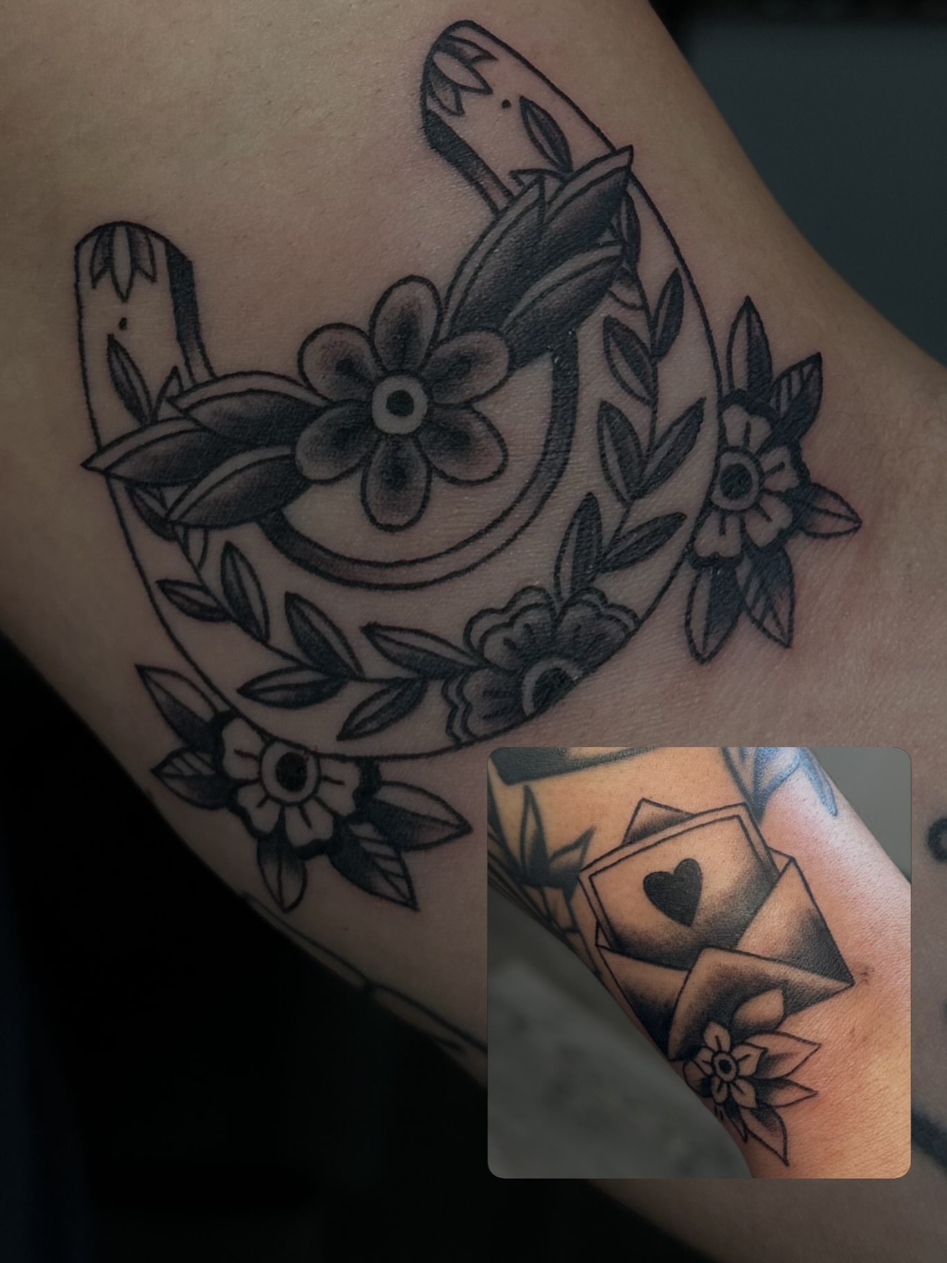 Flower and leaves black and grey tattoo on the forearm by Maddie Neibert