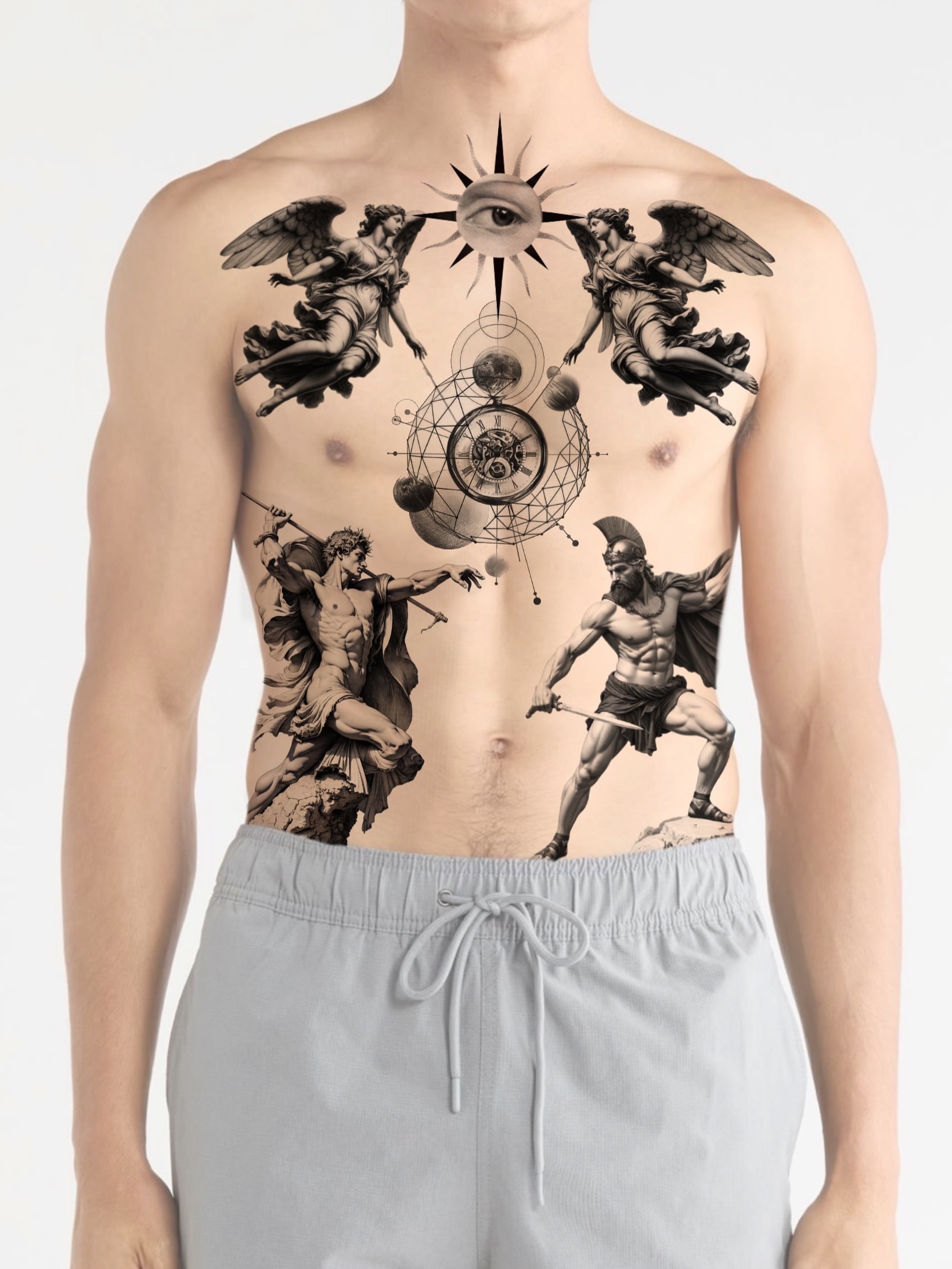 Mythological figures geometric tattoo on the chest by Josh Infante