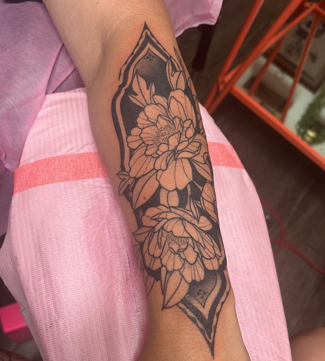 Floral bouquet black and grey tattoo on the forearm by Car🦋🌈 Dallas Tattoo Artist💖