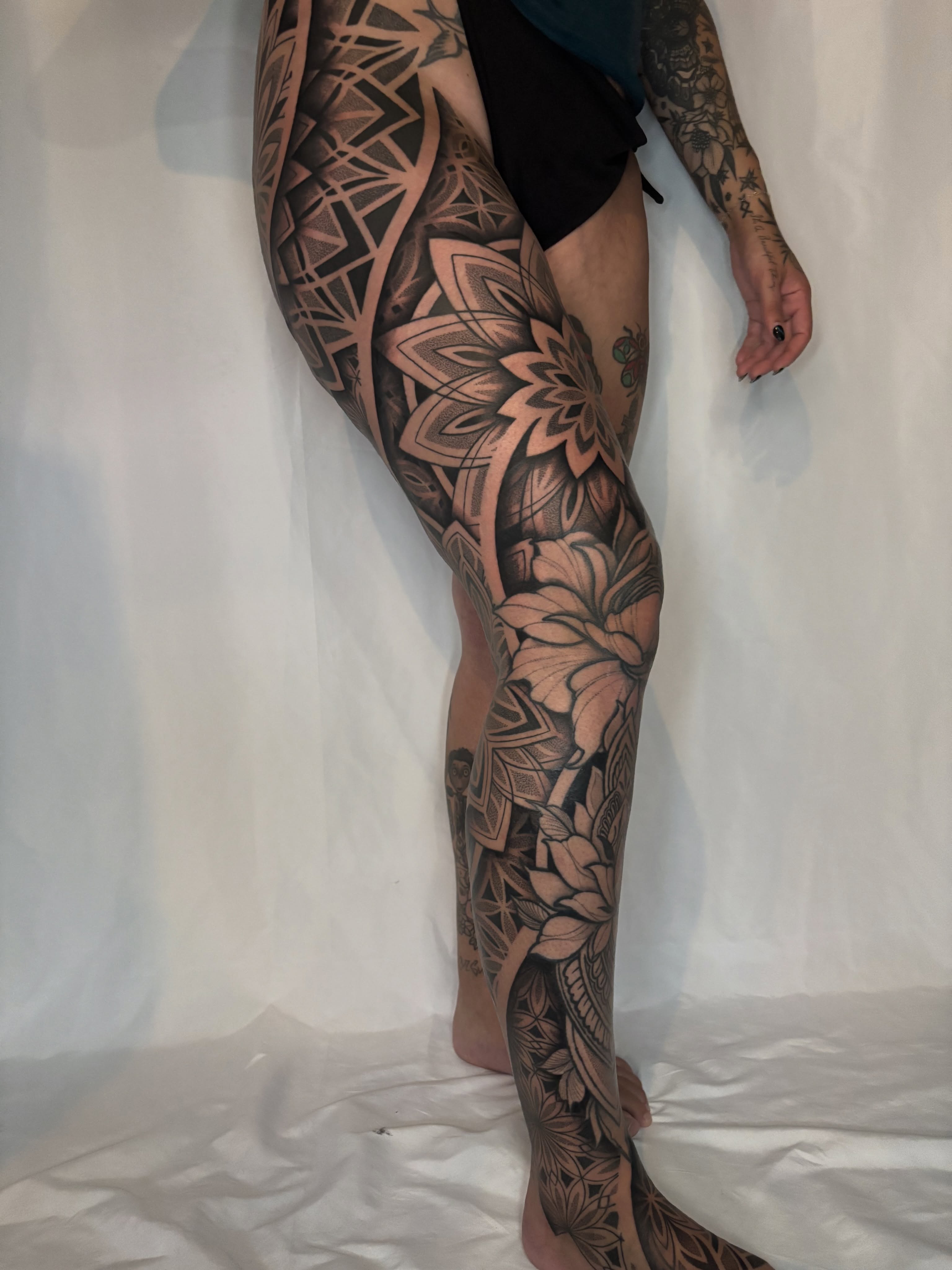 Lotus flowers geometric tattoo on the leg by Mitch Koch