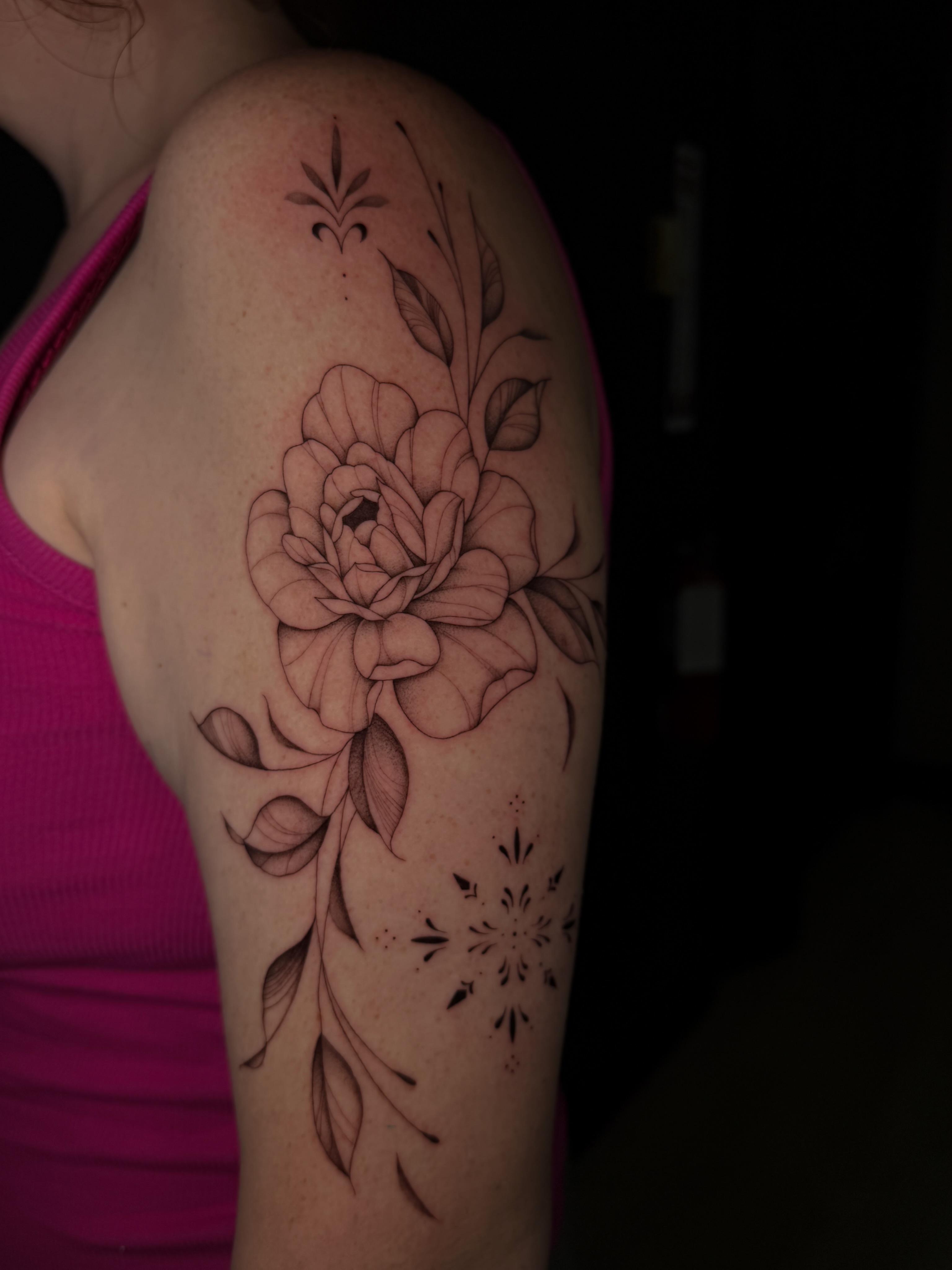 Peony flower black and grey tattoo on the shoulder by Marianne