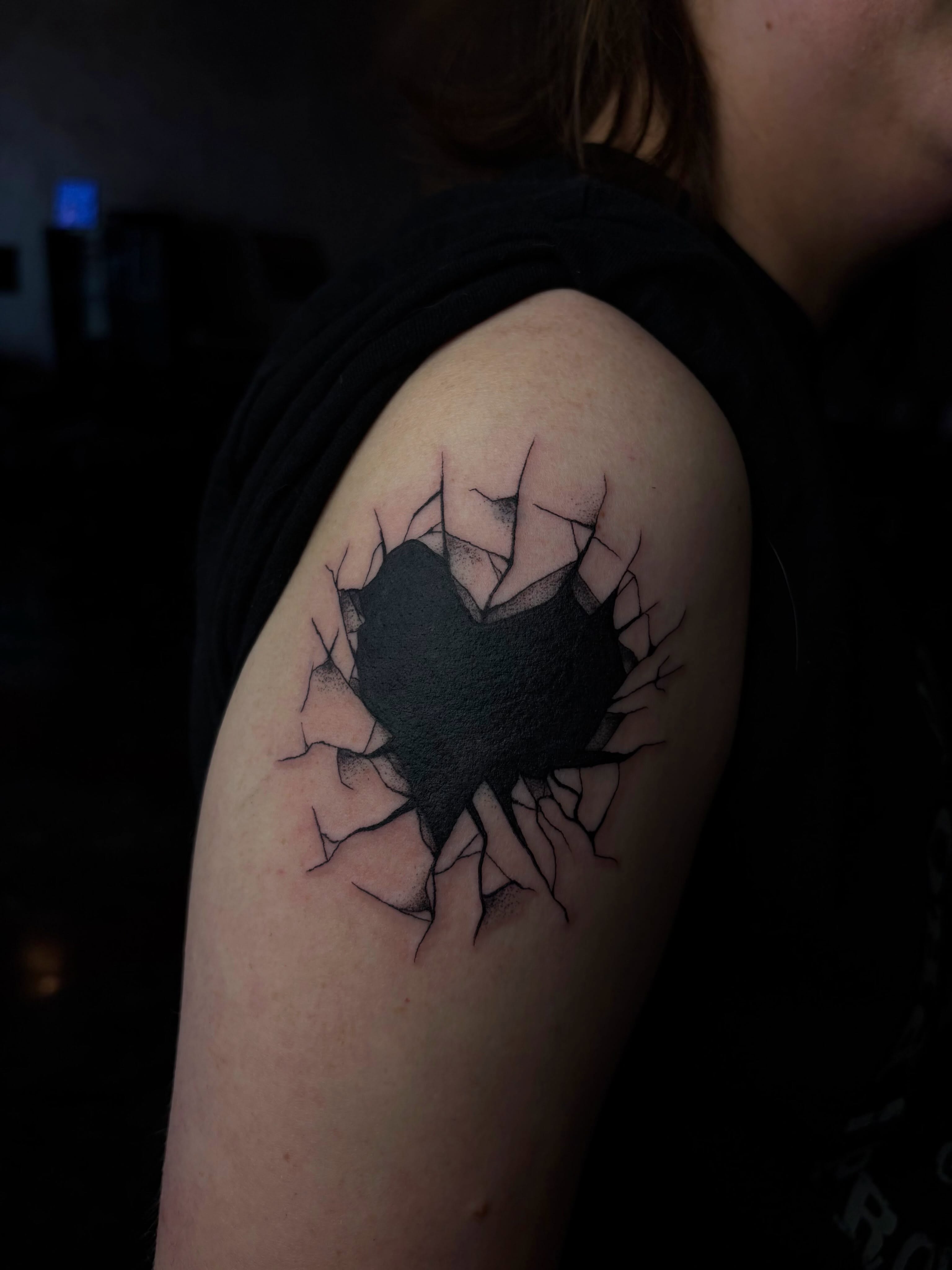 Broken heart realism tattoo on the shoulder by destany aguilera, Davenport, Iowa
