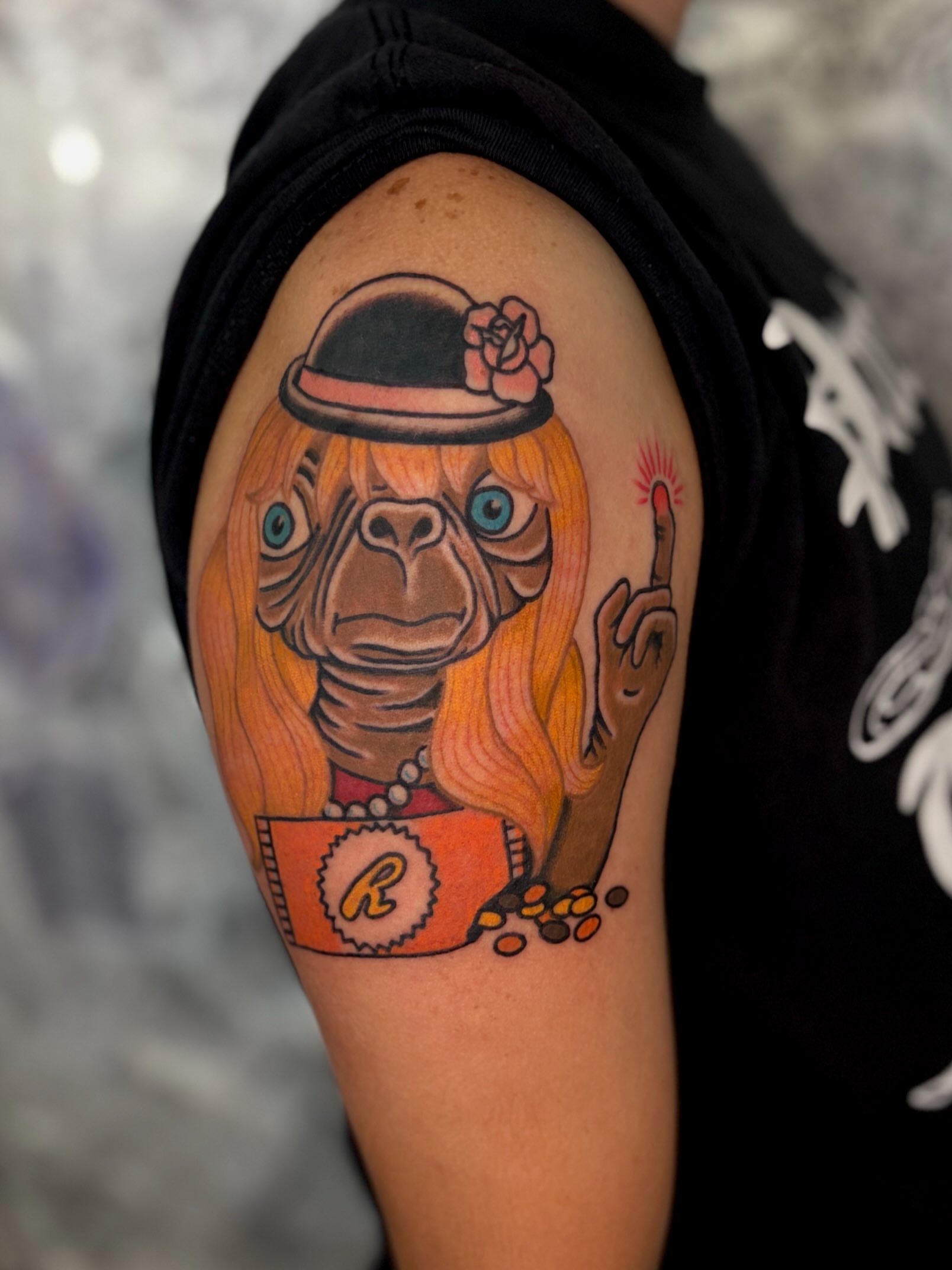 Gorilla with hat realism tattoo on the shoulder by Danelle ✶ Nashville Tattooer