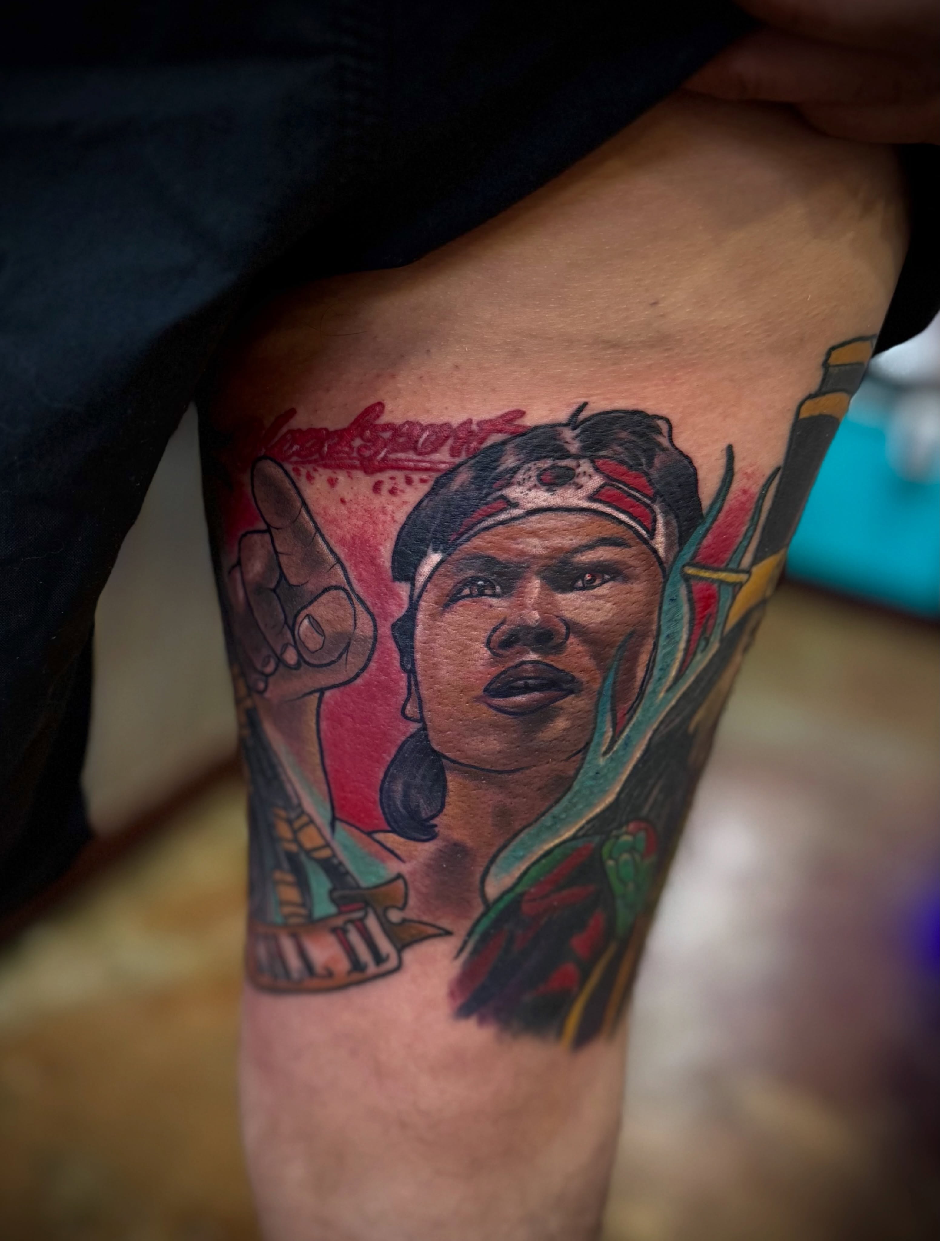 Portrait of a woman realism tattoo on the thigh by David C. McGhee