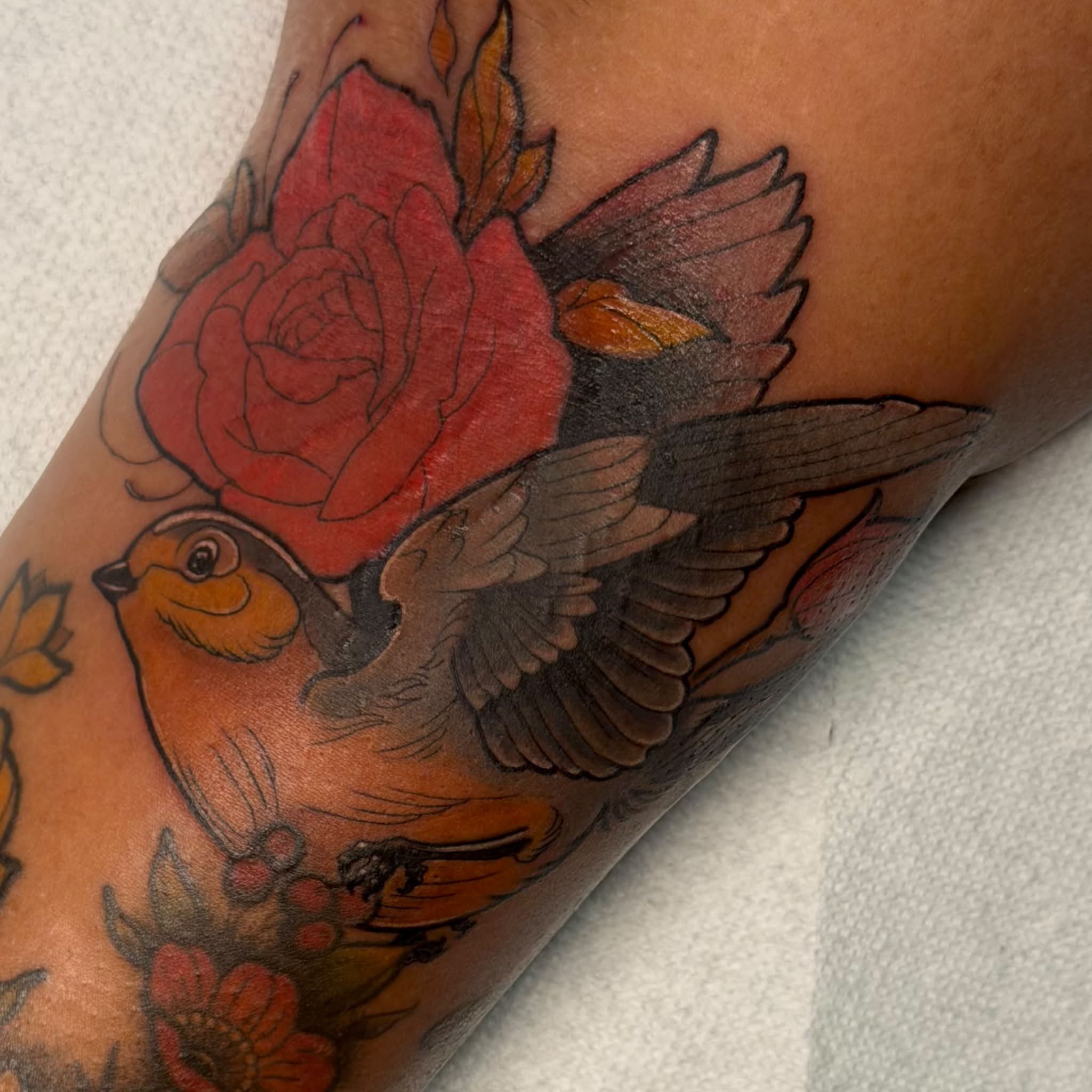 Bird and rose American traditional tattoo on the forearm by Kenneth Prince