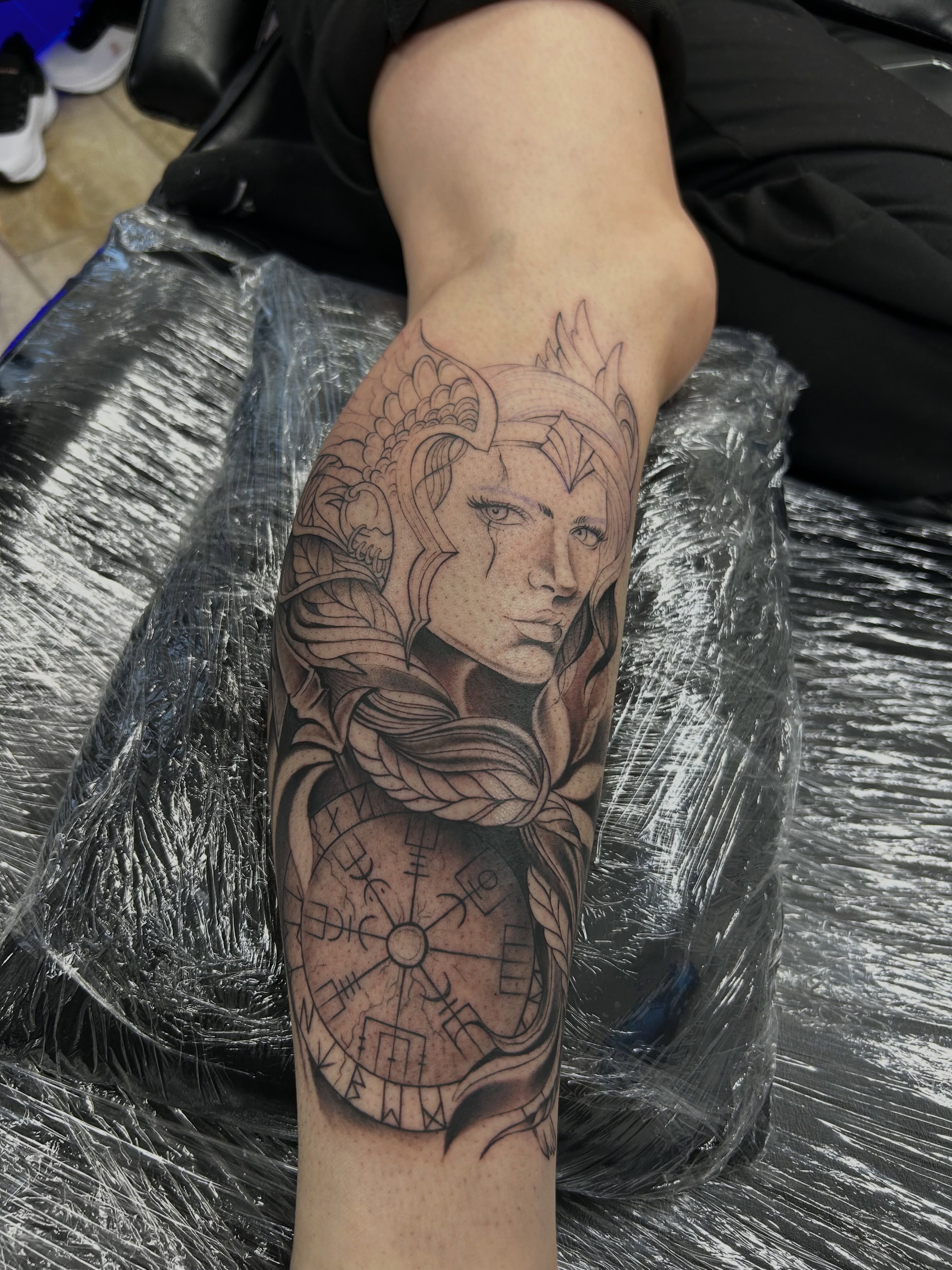 Female warrior realism tattoo on the forearm by Denis Morello de Castro, South River, New Jersey