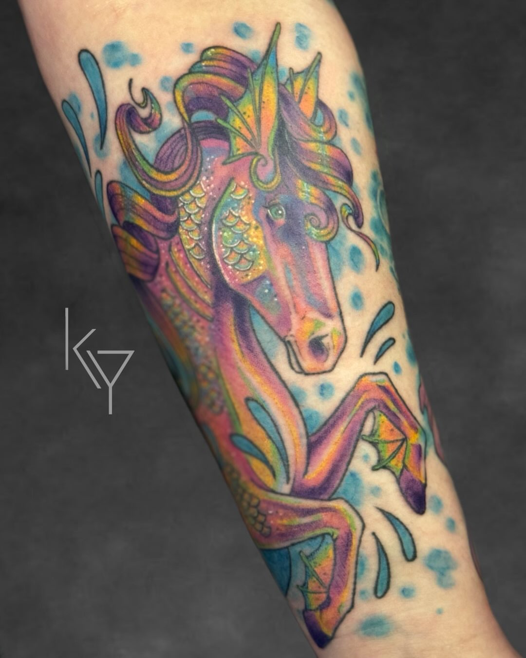 Unicorn new school tattoo on the forearm by ..✨ K I R S T y y O R K ✨..