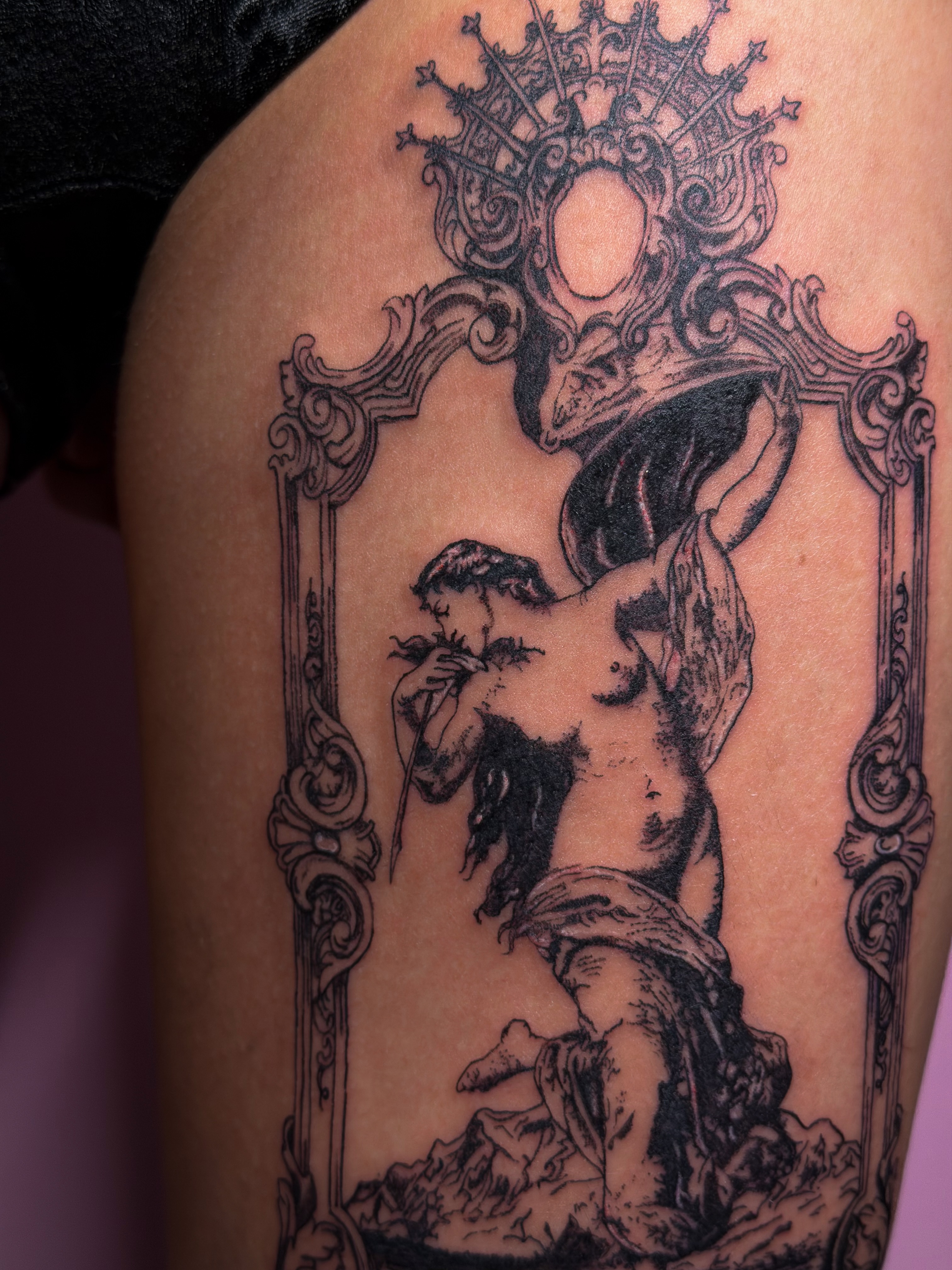 Naked man with crown realism tattoo on the thigh by Tattoo Artist X Kamm, Salt Lake City, Utah