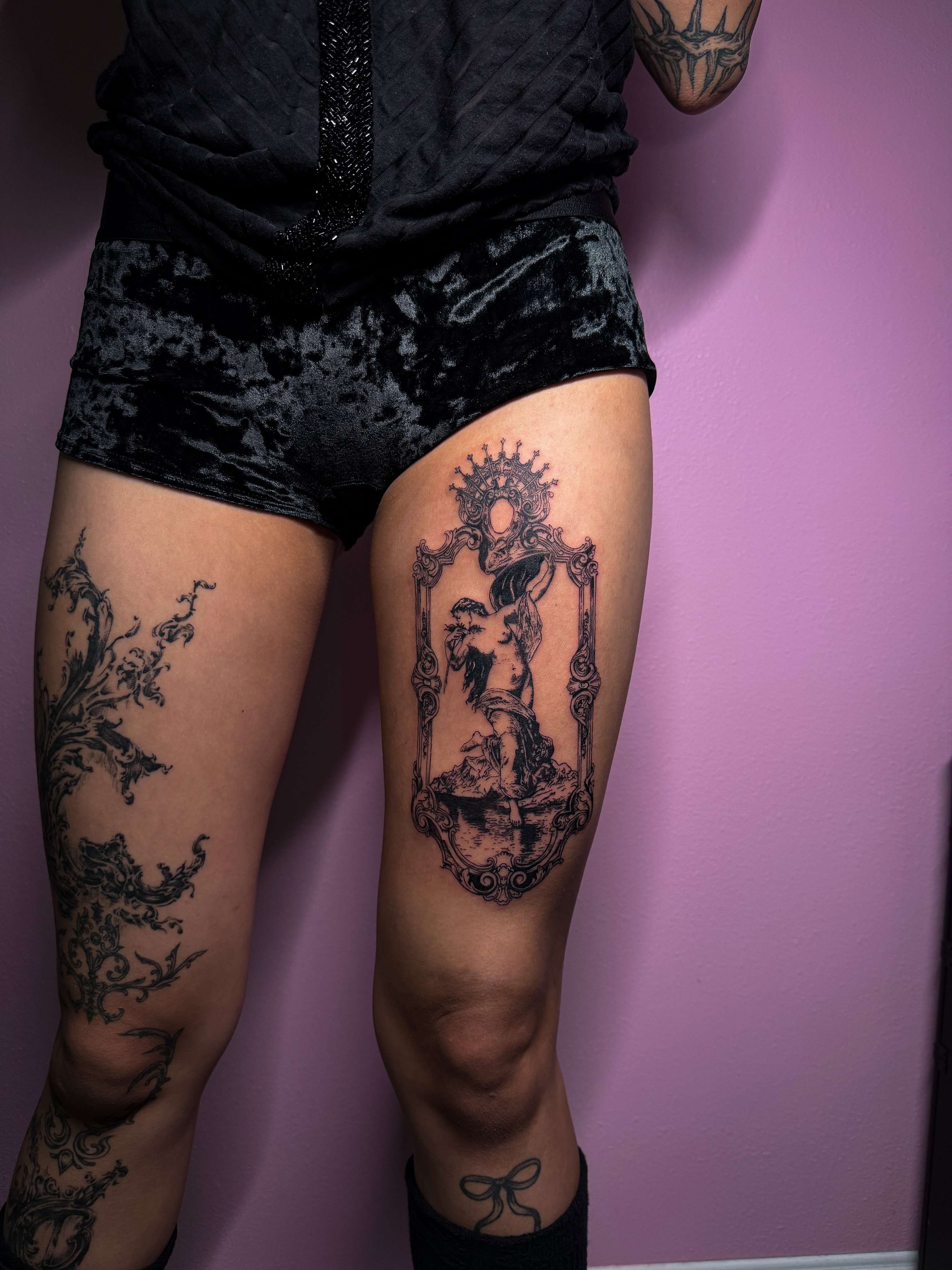 Mermaid black and grey tattoo on the thigh by Tattoo Artist X Kamm, Salt Lake City, Utah