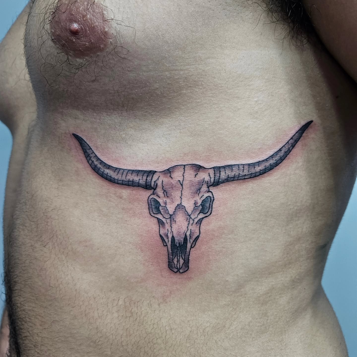 Bull skull black and grey tattoo on the chest by Danny