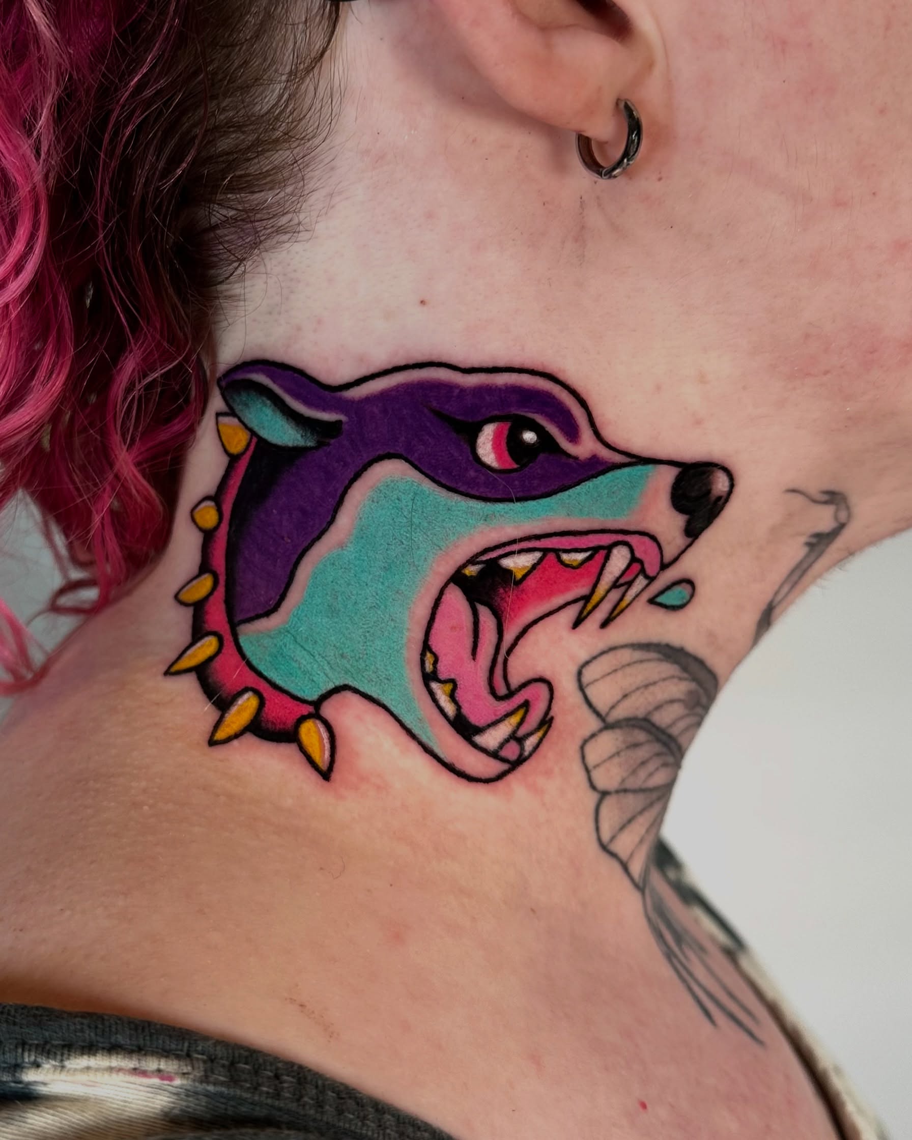Angry dog American traditional tattoo on the neck by Ash Gonzalez ❤️ Austin Tattoo Artist