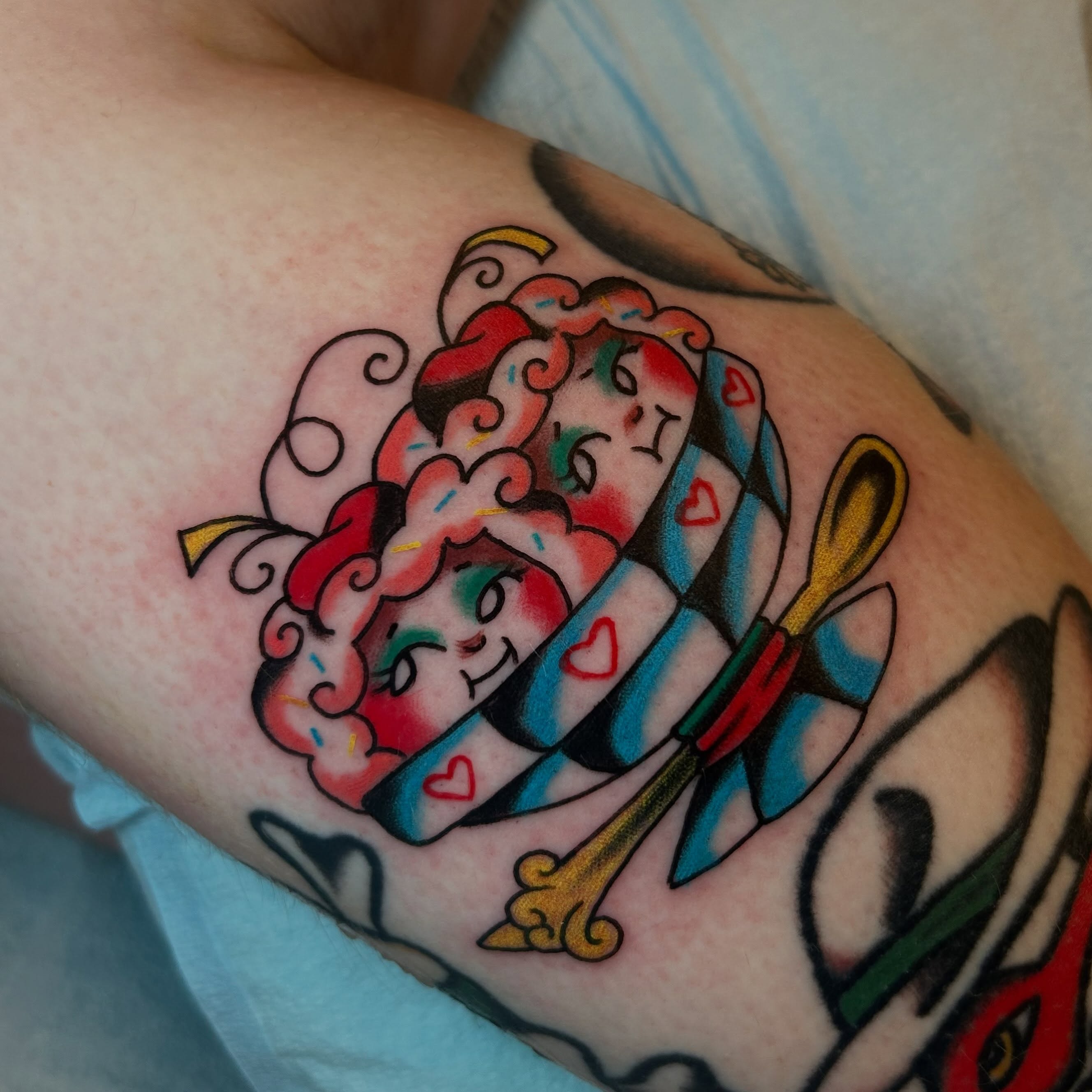 Ice cream sundae American traditional tattoo on the forearm by Sanjuanita