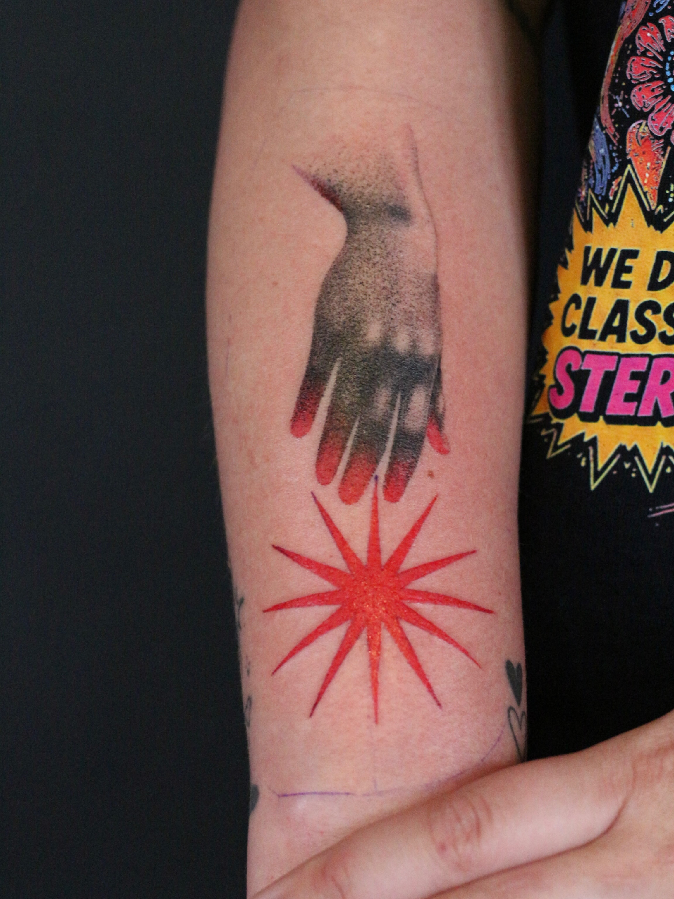 Handprint dotwork tattoo on the forearm by Stephany Victorine